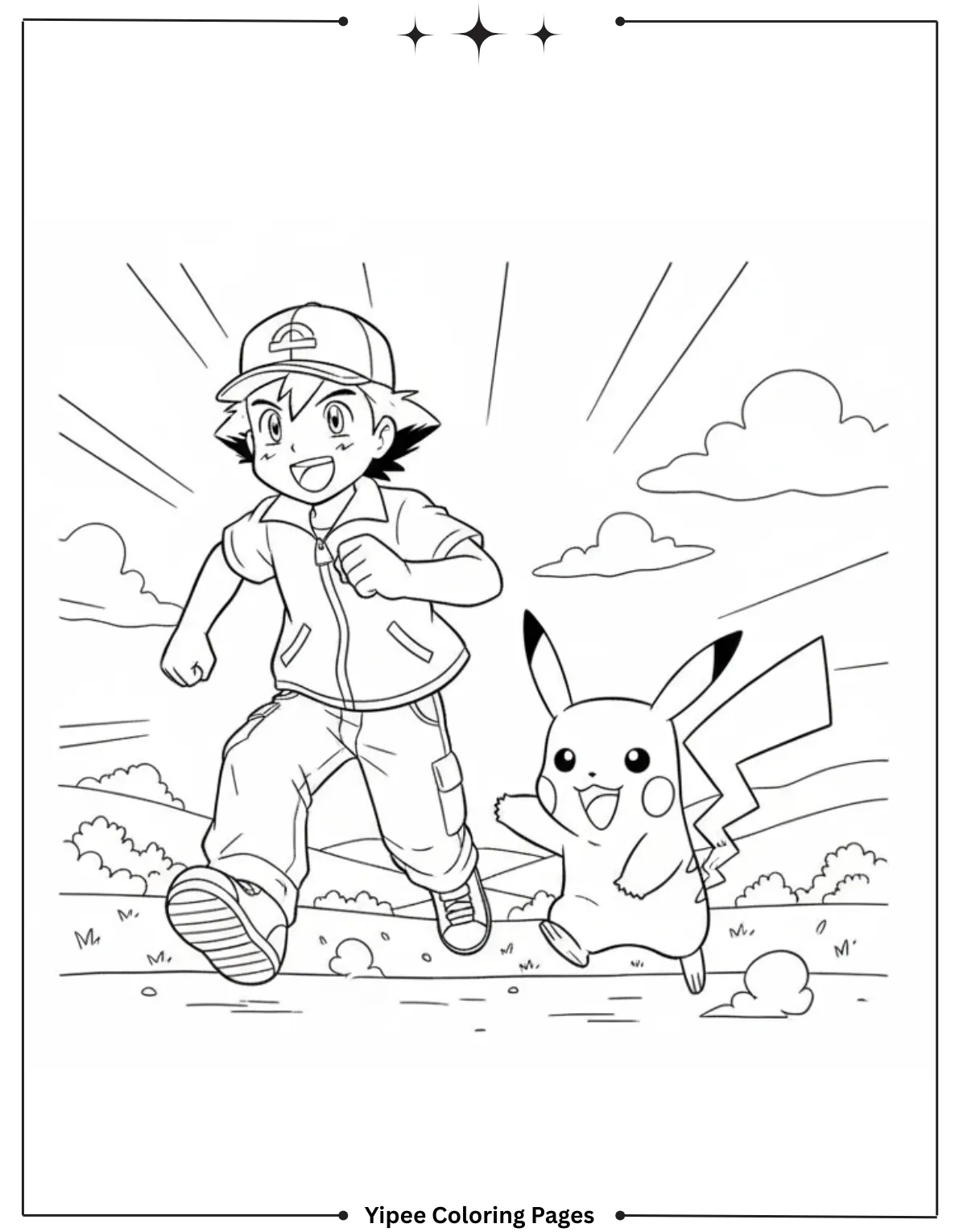 Pikachu Coloring Pages Free For Kids & Adults Pikachu and Ash are on the move, running together