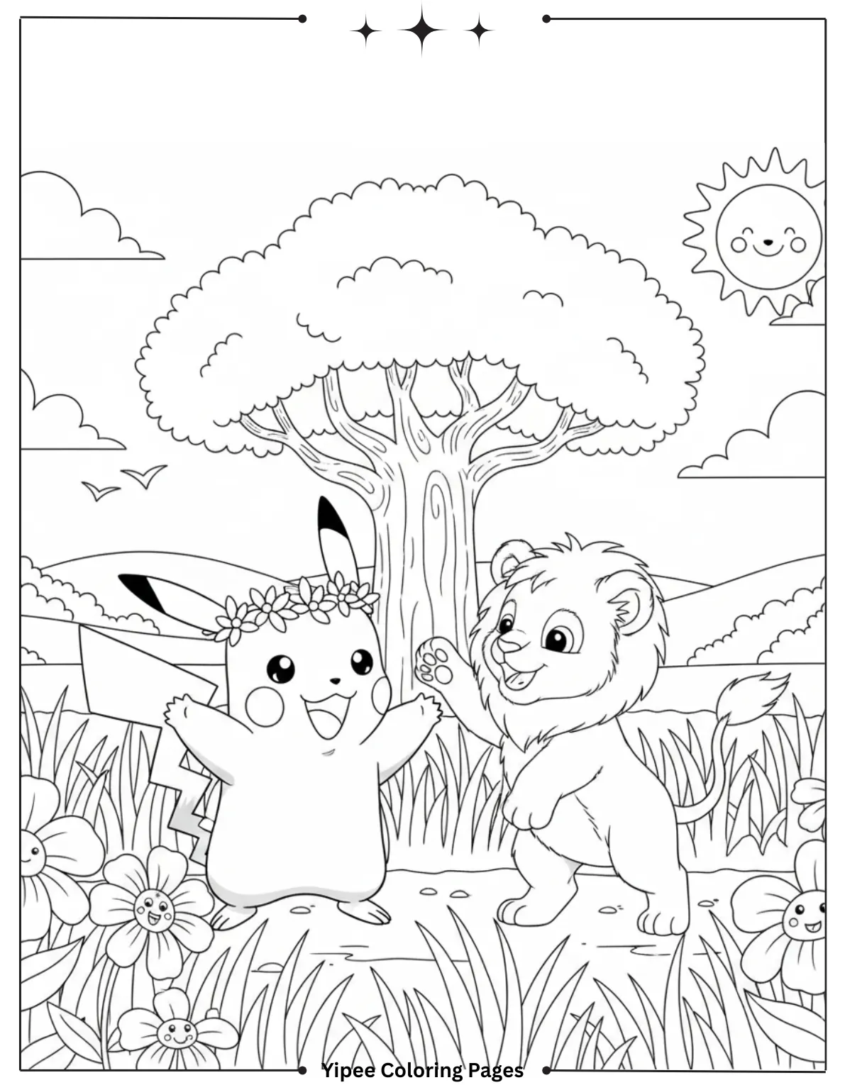 Pikachu Coloring Pages Free For Kids & Adults Pikachu and a playful lion cub
