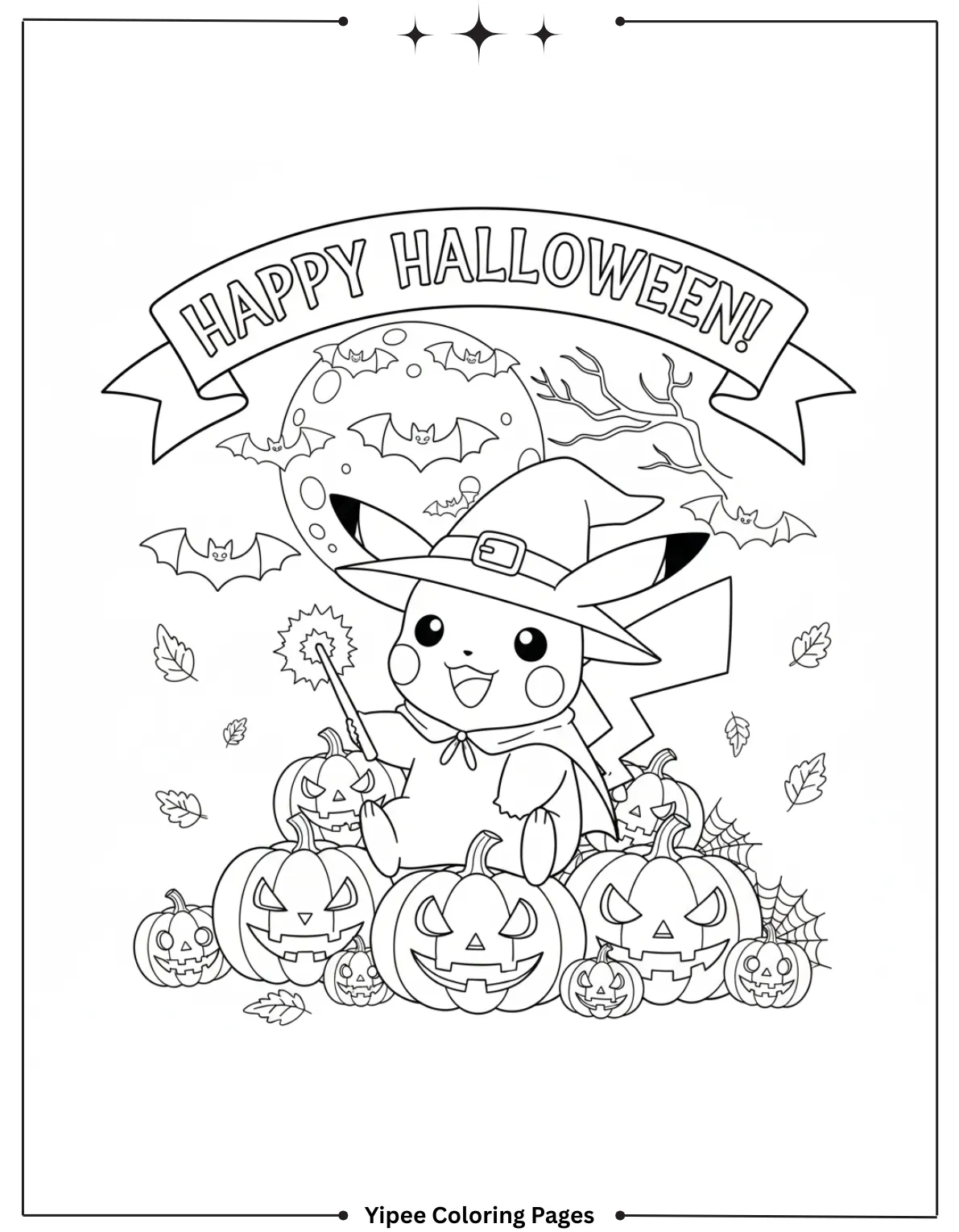 Pikachu Coloring Pages Free For Kids & Adults Pikachu celebrates Halloween with jack-o-lanterns and bats