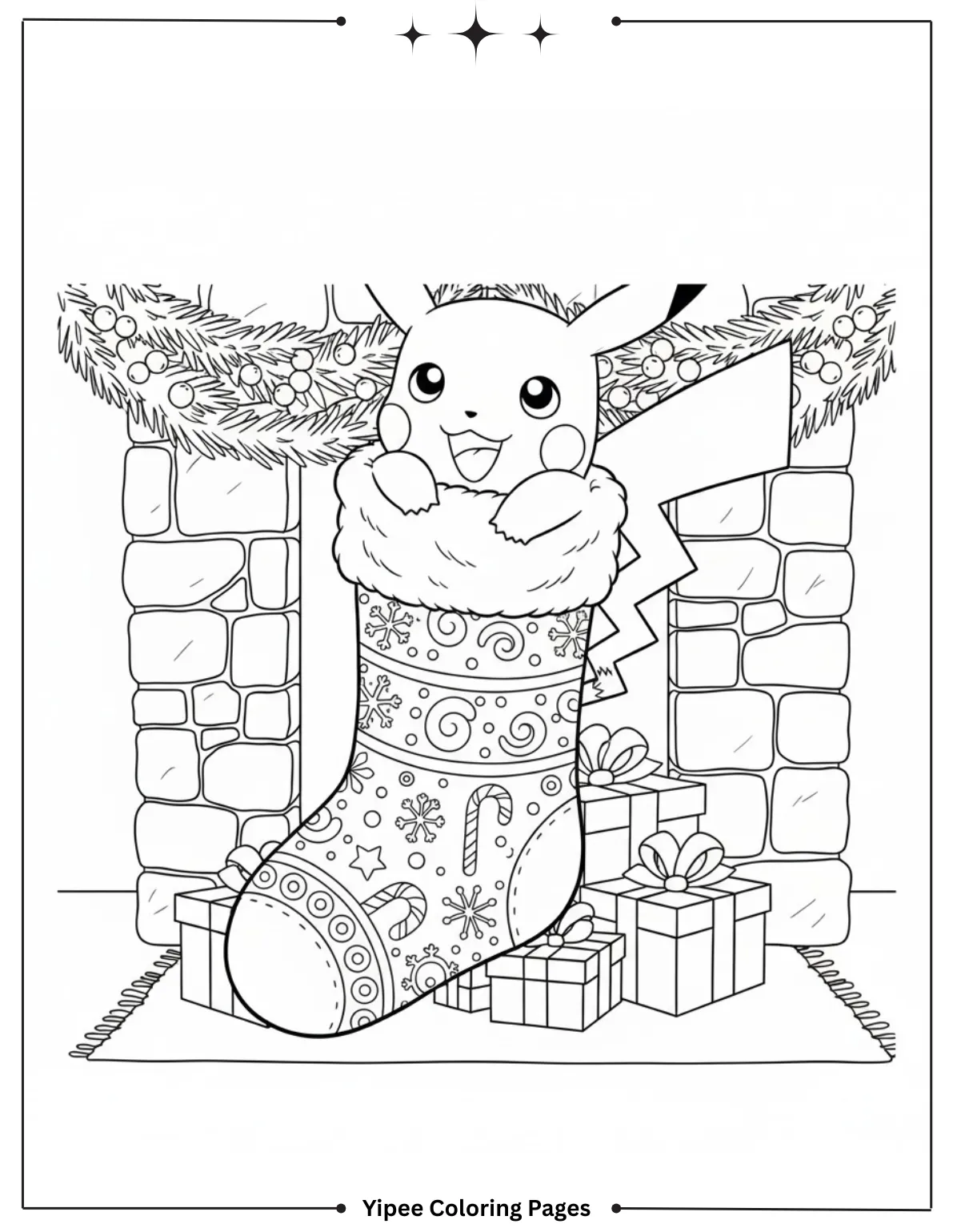 Pikachu Coloring Pages Free For Kids & Adults Pikachu is peeking out of a Christmas stocking
