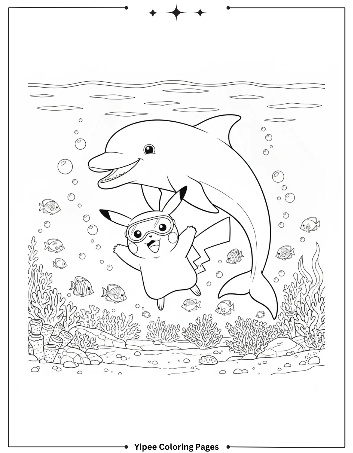 Pikachu Coloring Pages Free For Kids & Adults Pikachu is swimming with a friendly dolphin