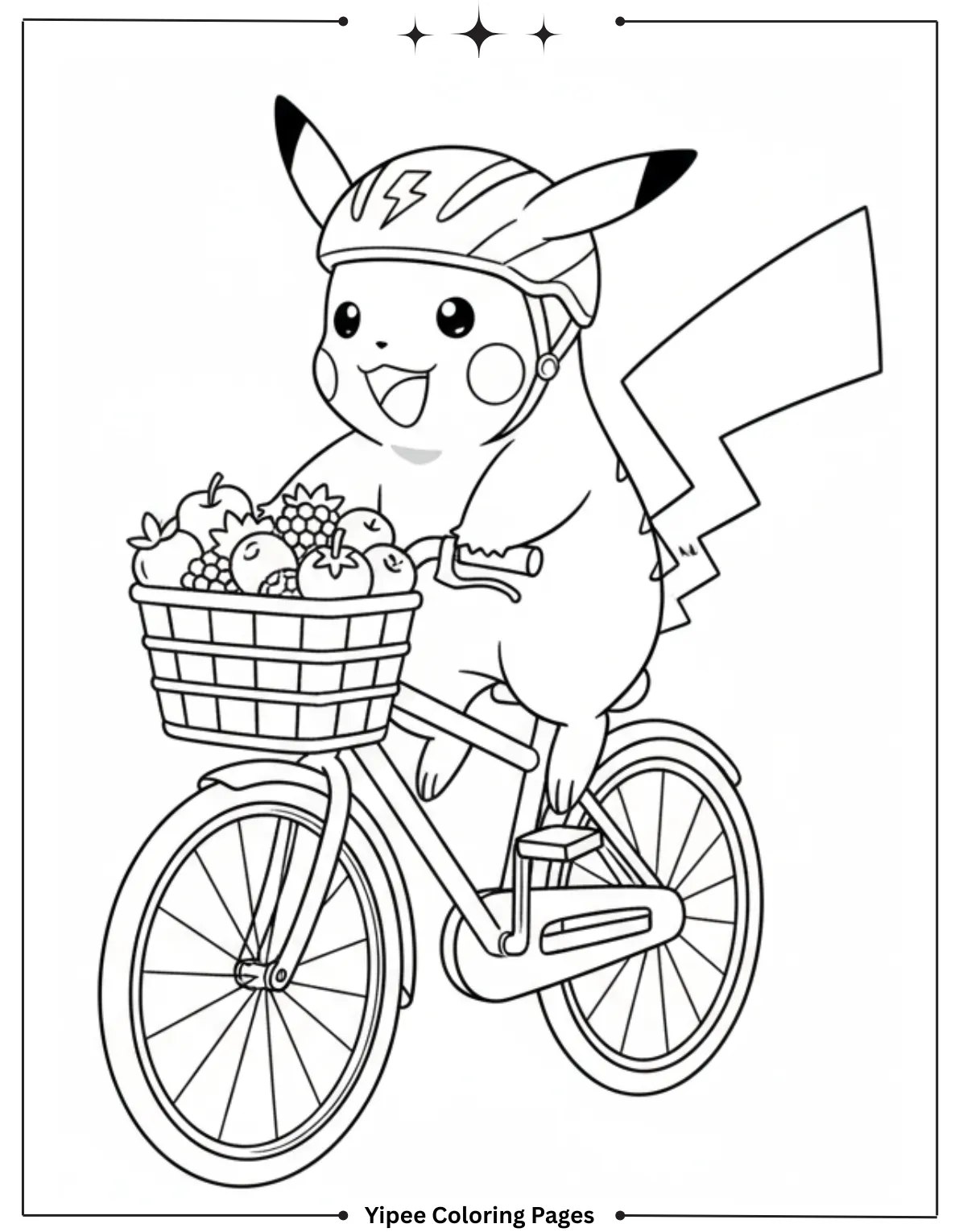 Pikachu Coloring Pages Free For Kids & Adults Pikachu riding a bicycle with a basket full of berries