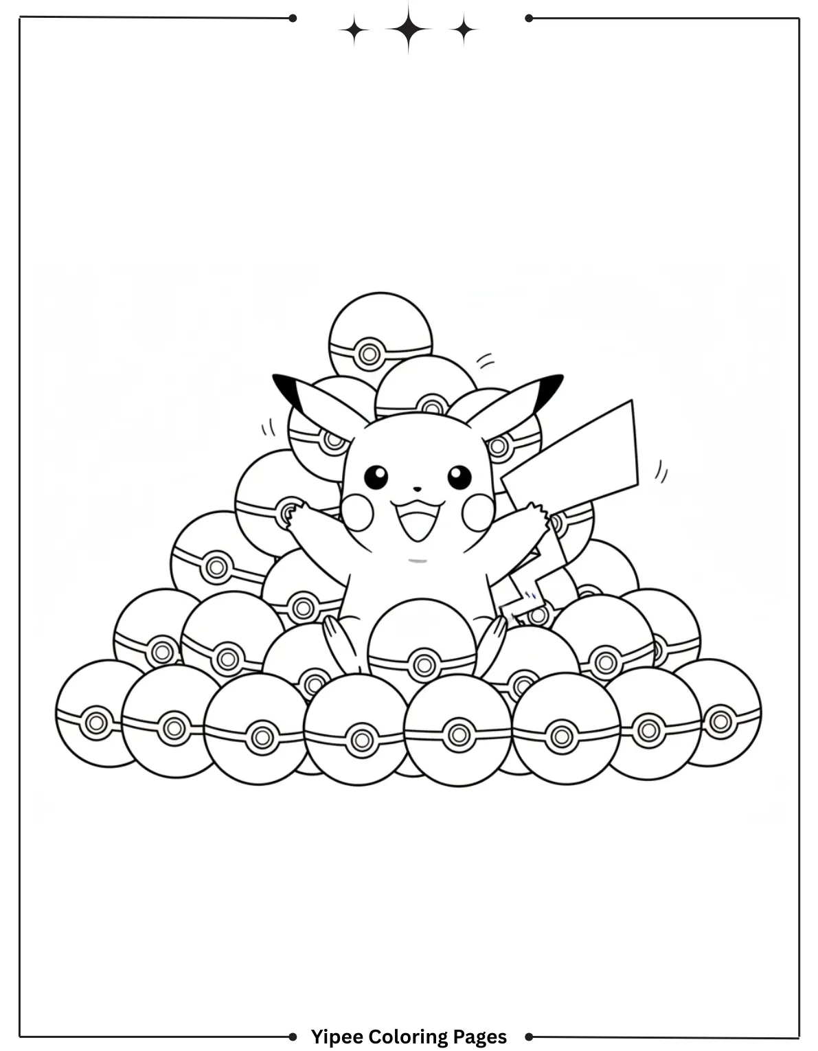 Pikachu Coloring Pages Free For Kids & Adults Pikachu surrounded by Pokéballs
