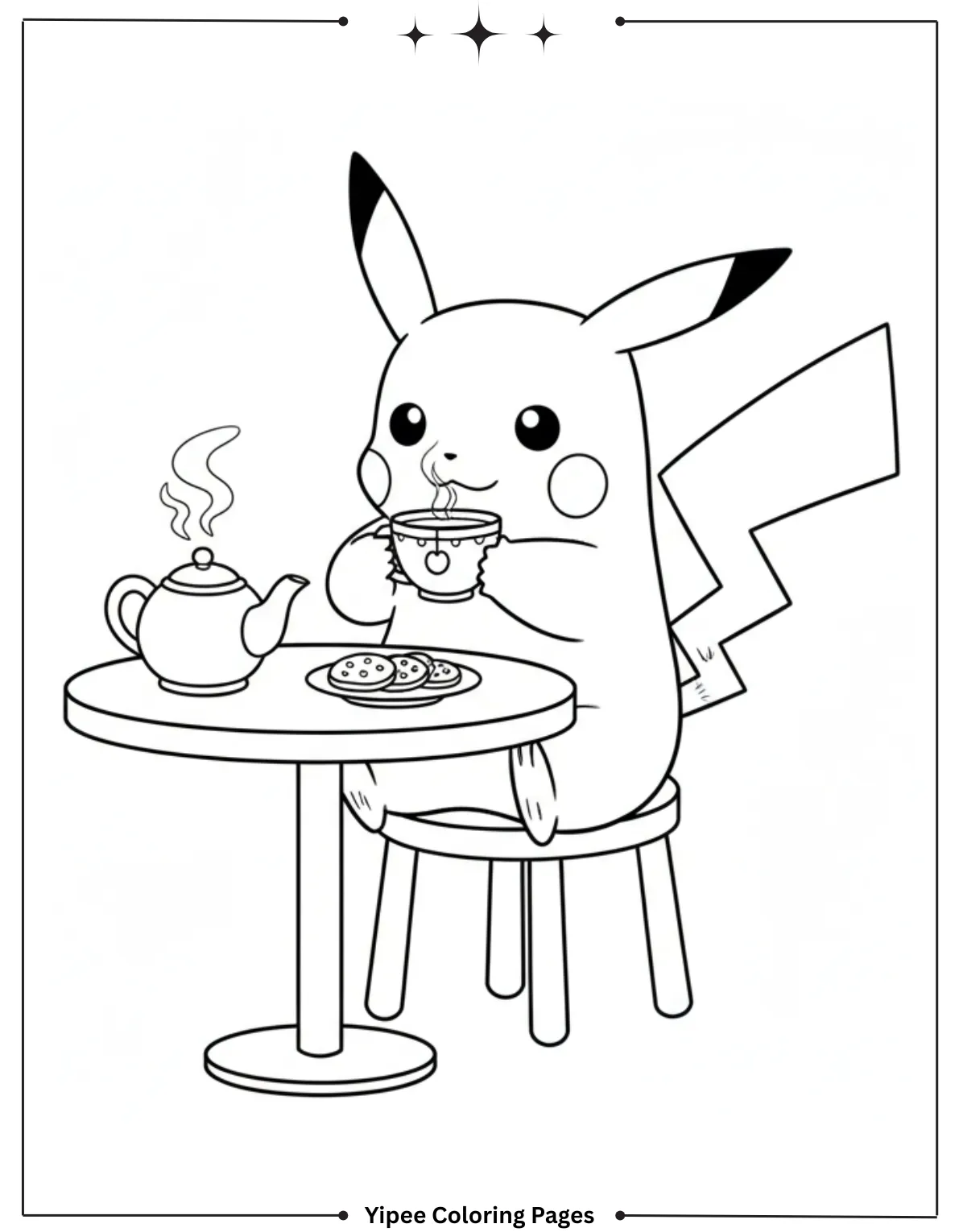 Pikachu Coloring Pages Free For Kids & Adults Pikachu taking tea