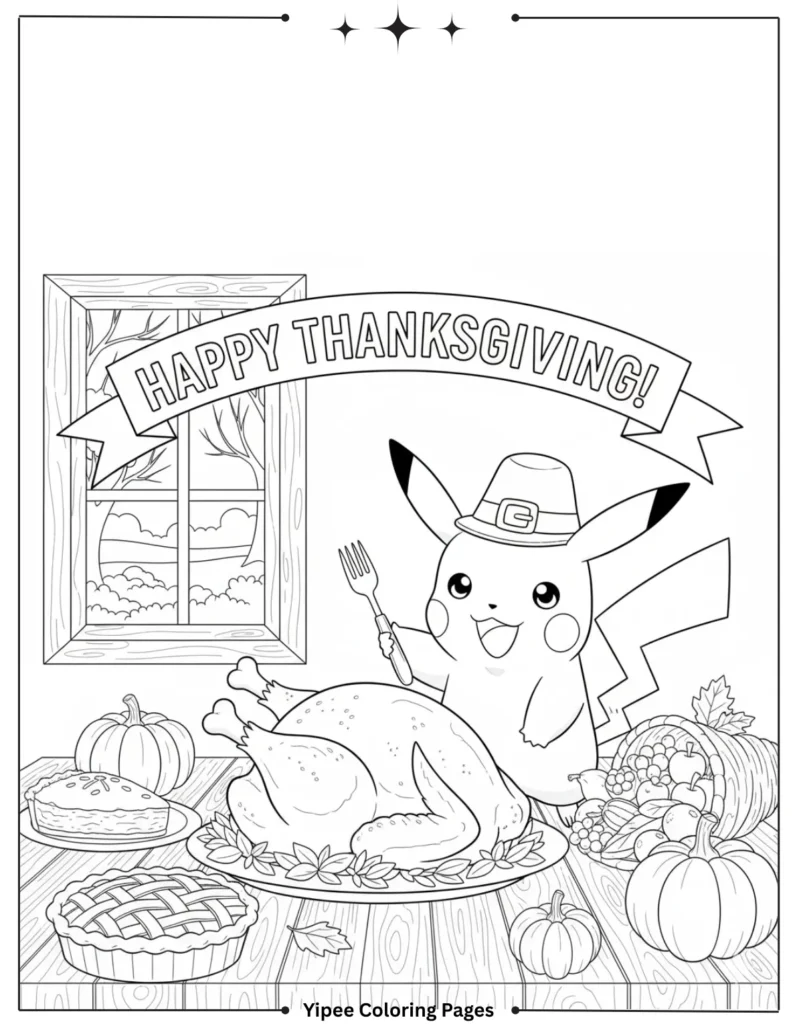Pikachu Coloring Pages Free For Kids & Adults Pikachu with a delicious turkey