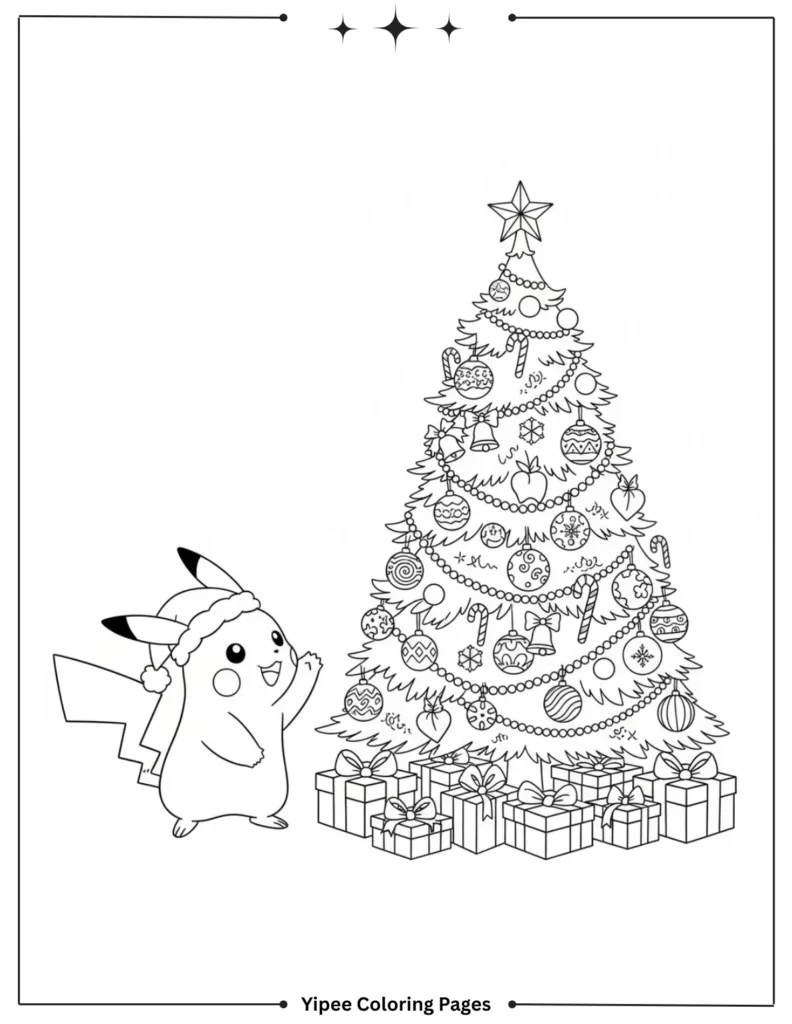 Pikachu Coloring Pages Free For Kids & Adults Pikachu with the Christmas tree