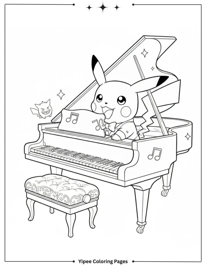 Pikachu Coloring Pages Free For Kids & Adults Pikachu’s at the piano