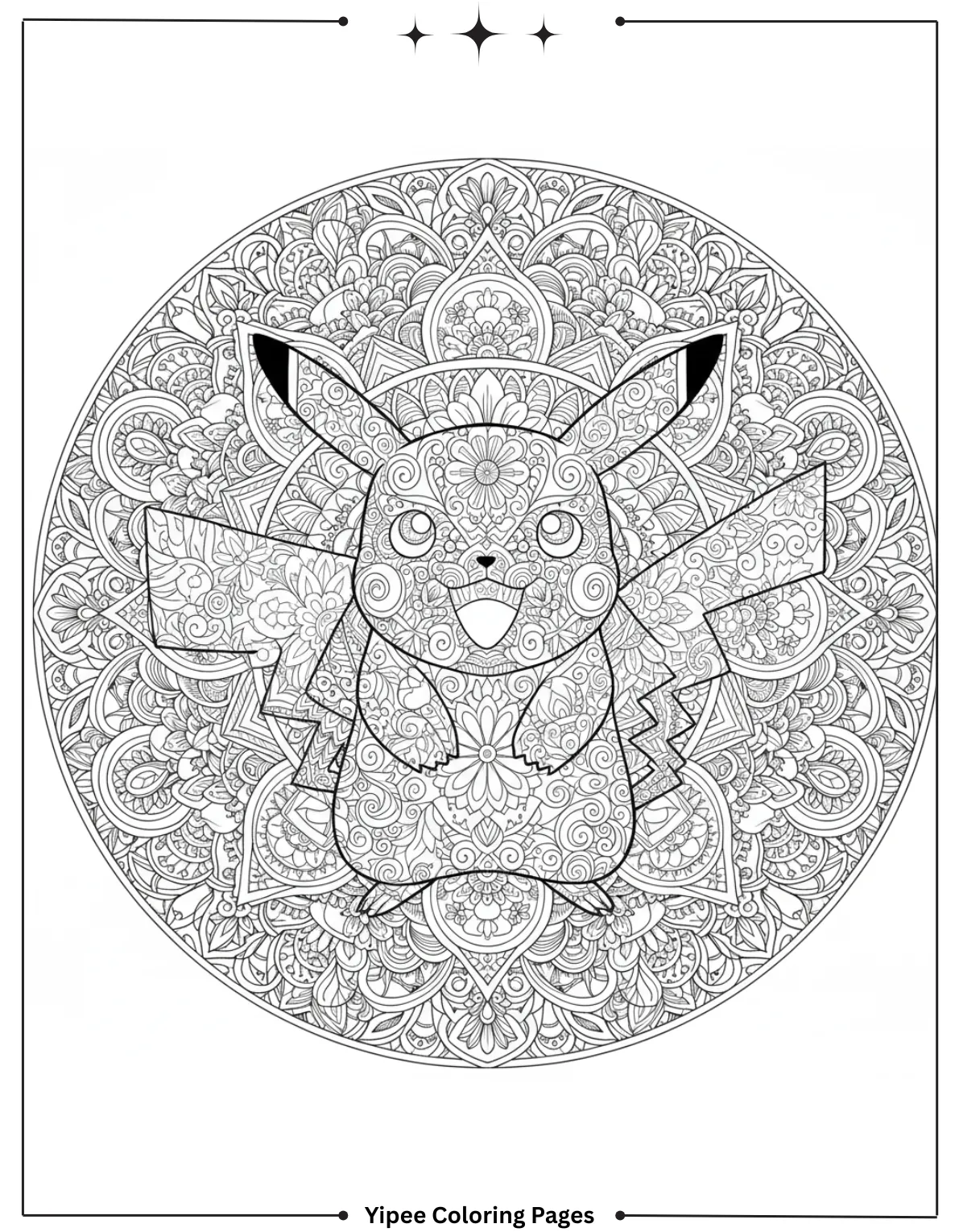 Pikachu Coloring Pages Free For Kids & Adults Pikachu’s charm with a mandala pattern