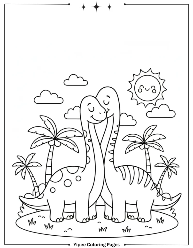 Two Brachiosaurus Dinosaurs Snuggling Coloring Sheet