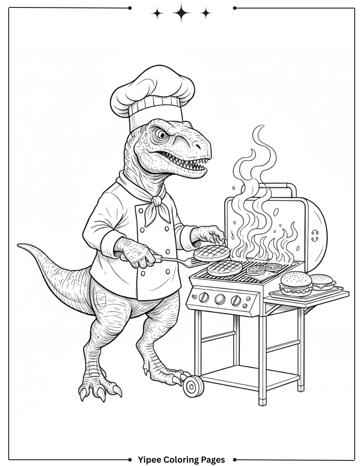 Roar and Color! Velociraptors Coloring Pages for Kids Velociraptor Chef Cooking a Burger Coloring Page