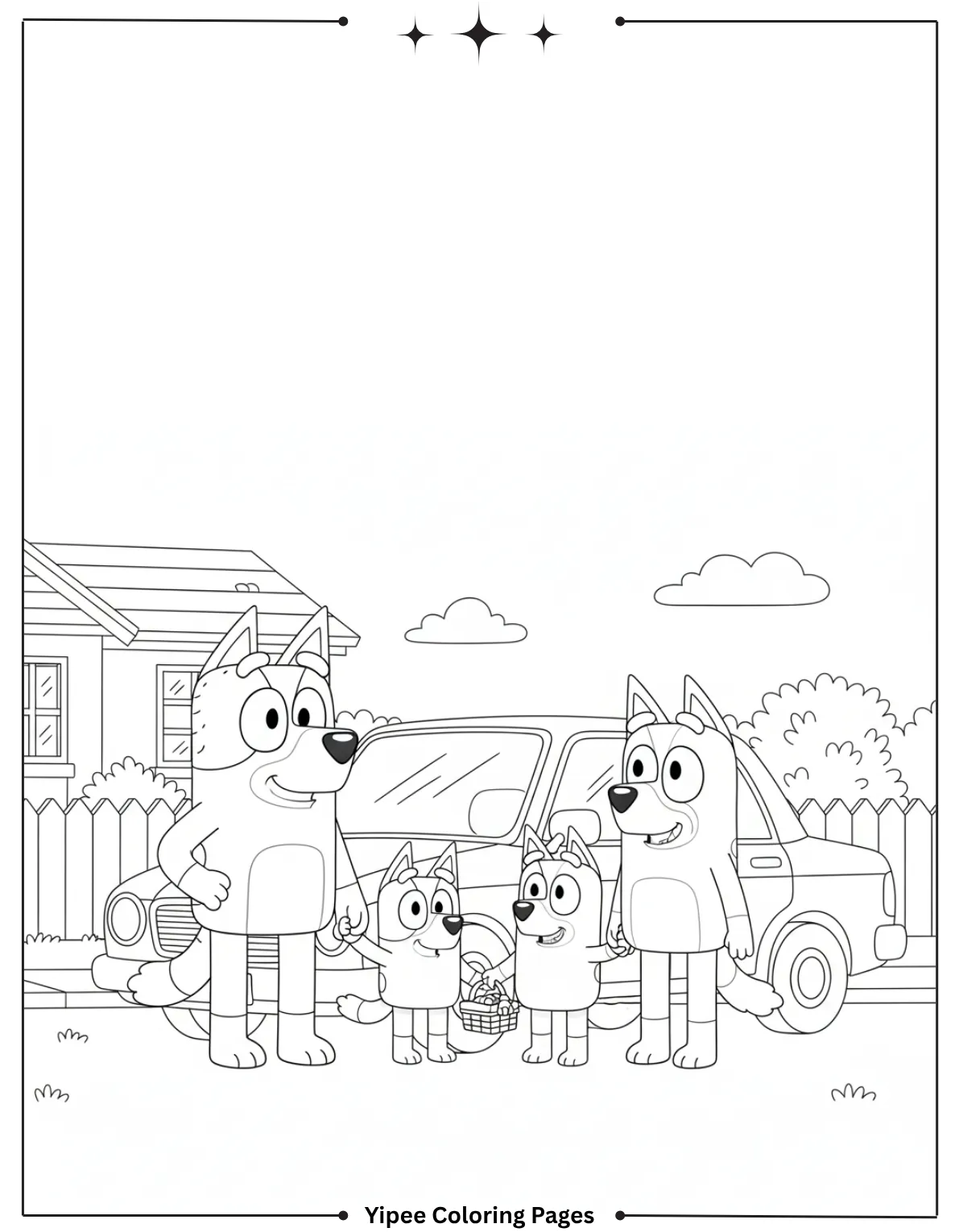 sweet moment of the Bluey family standing together with their car