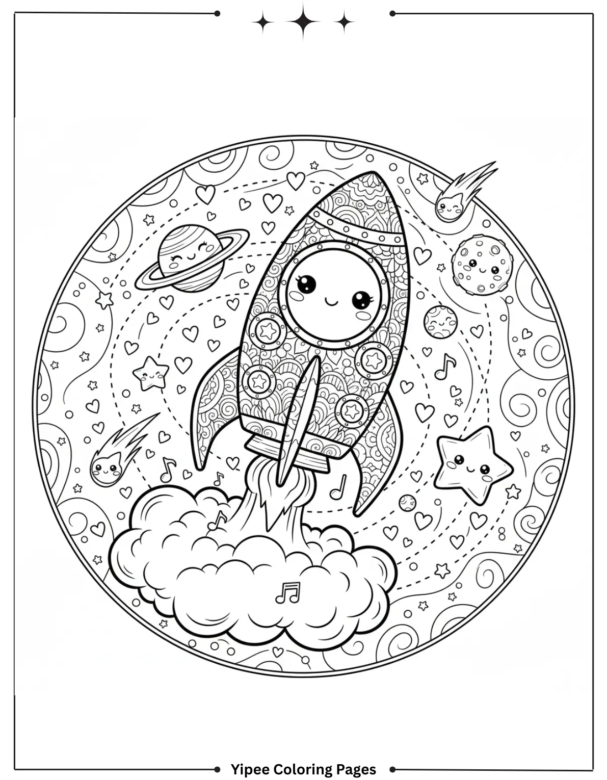 Easy to Color Rocket with Planets and Shooting Stars Coloring Page