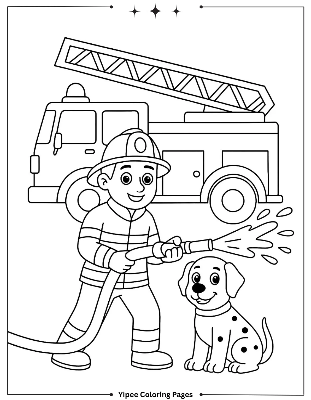 Fire Truck Coloring Pages – Exciting & Free Printables Firefighter and Dog with Fire Truck Coloring Page