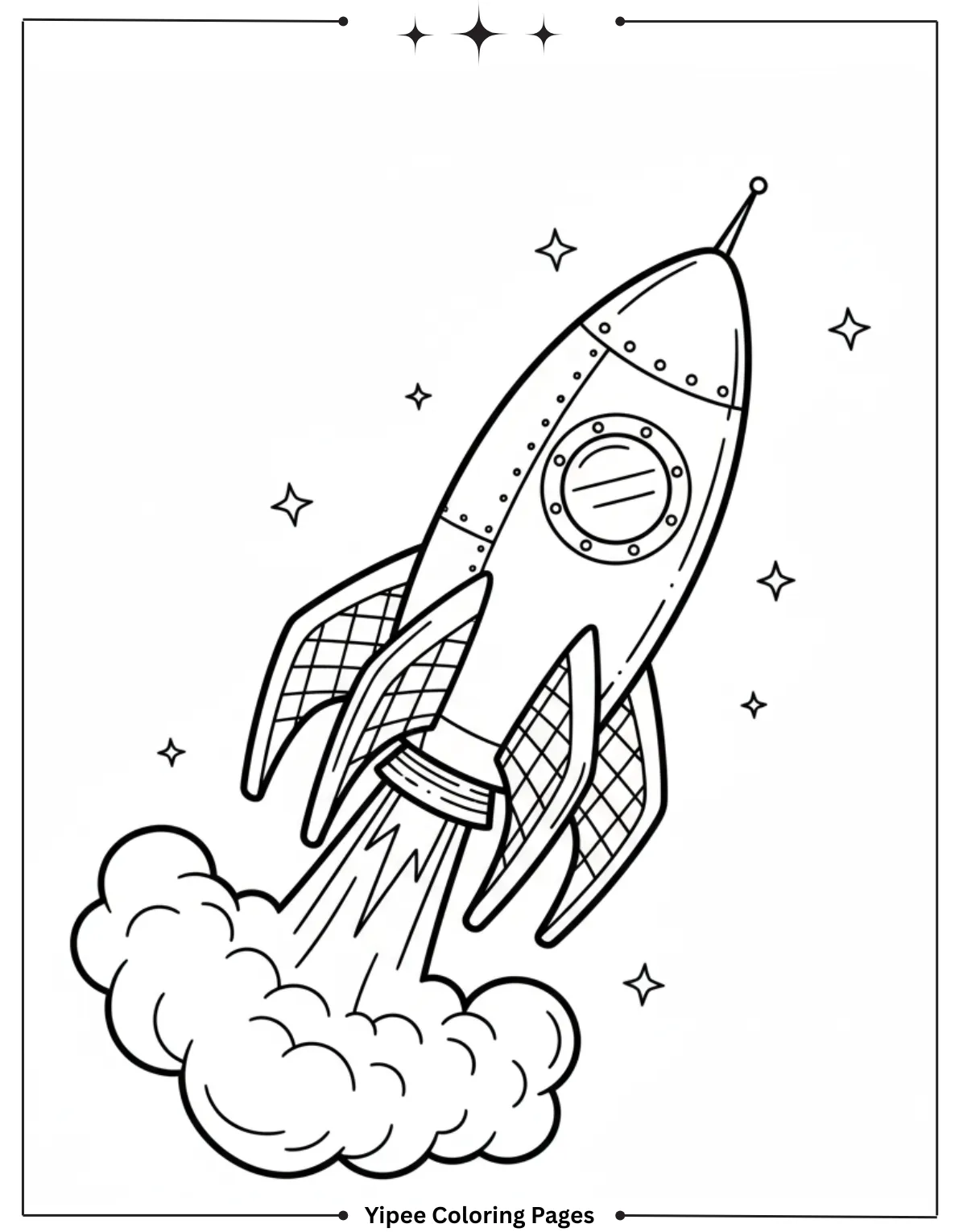 Retro Rocket and Crescent Moon Coloring Page