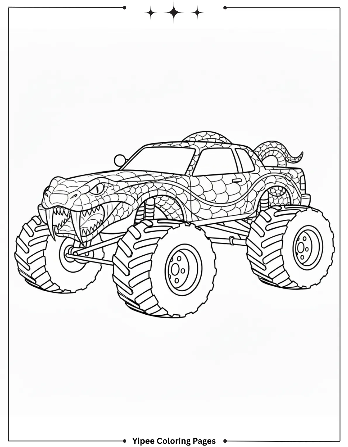 It’s Monster Truck Coloring Pages Time! Snake Monster Truck with Fangs Coloring Page