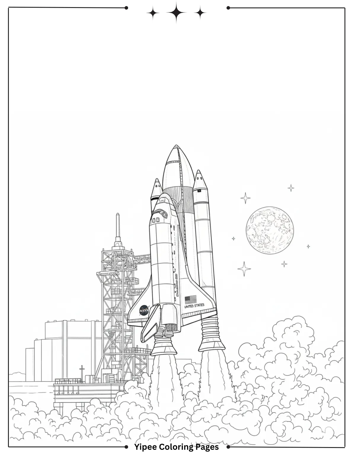 Space Shuttle Blasts Off to the Moon Coloring Page