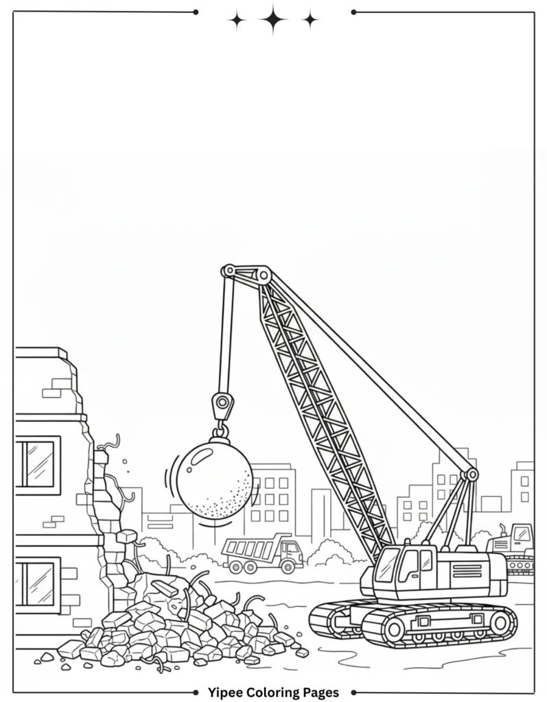 Construction Coloring Pages – Build, Color, and Learn with Creativity Wrecking Ball at Construction Site Coloring Page