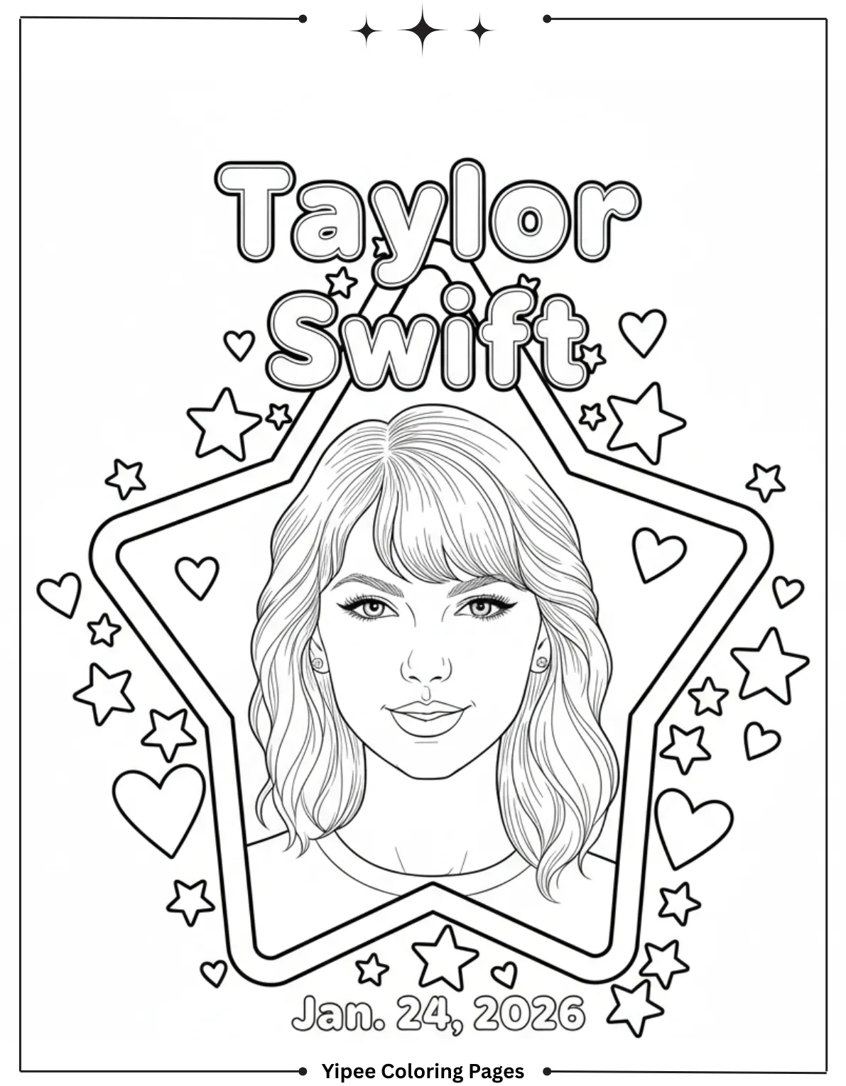 Taylor Swift Coloring Pages Fan Art Fun A head‑and‑shoulders portrait of Taylor Swift with star frame