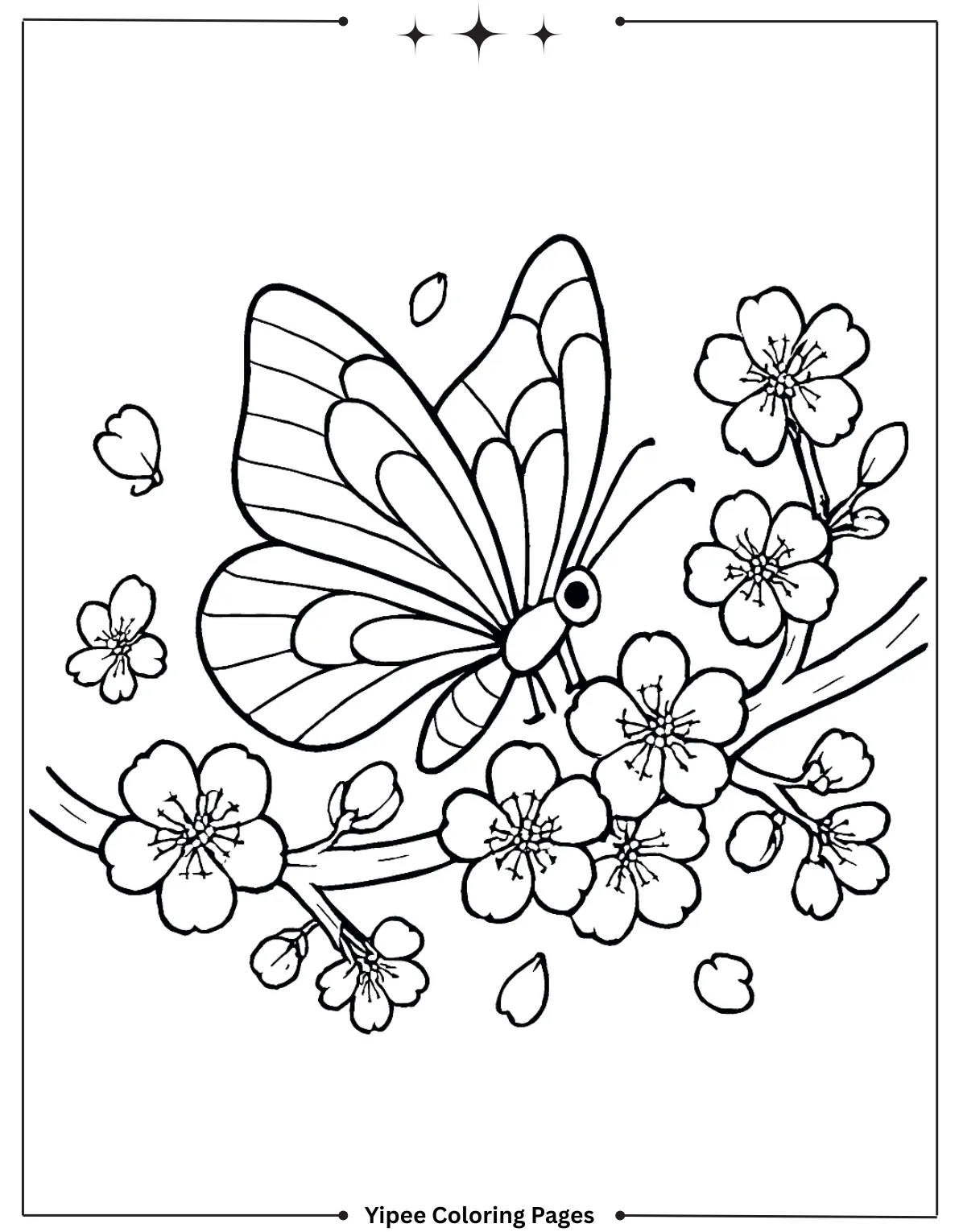 Butterfly Coloring Pages for Kids: Create Your Own Rainbow Wings! Butterfly on Cherry Blossom Tree Coloring Page