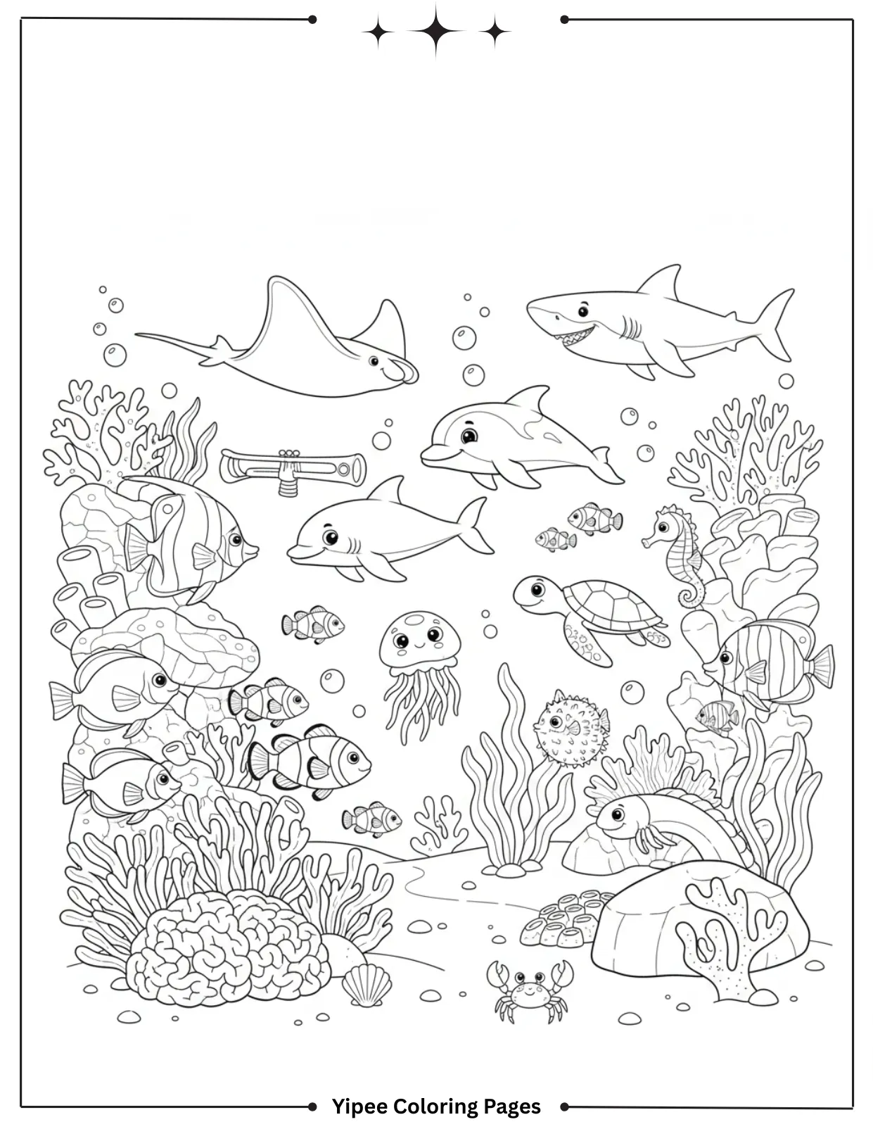 Sea Creatures Coloring Pages – Easy Ocean Designs Coral Reef with Tropical Fish Coloring Page