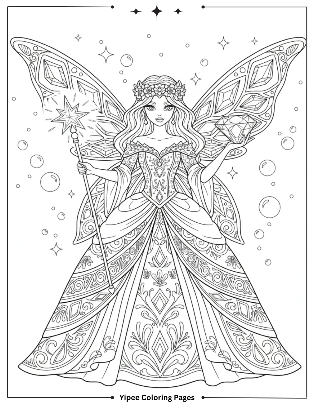 Fairy Princess With Jewel Wings Coloring Page