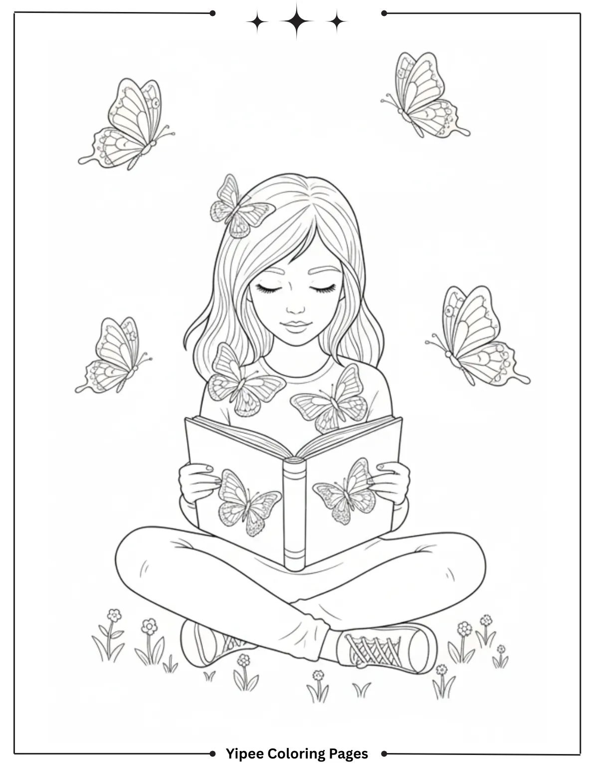 Butterfly Coloring Pages for Kids: Create Your Own Rainbow Wings! Girl Reads Book Surrounded by Butterflies in the Garden Coloring Page