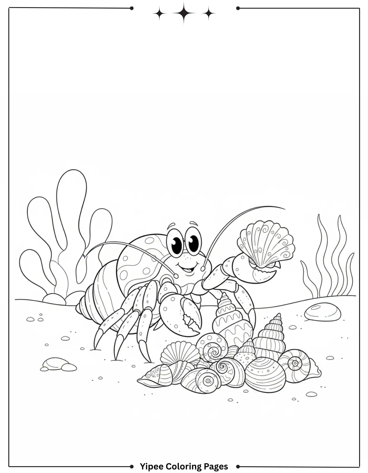 Sea Creatures Coloring Pages – Easy Ocean Designs Hermit Crab Collecting Pretty Seashells Coloring Page