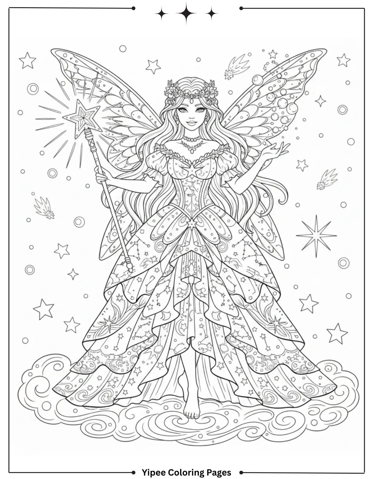 Magic Fairy Princess With Star Wand Coloring Page