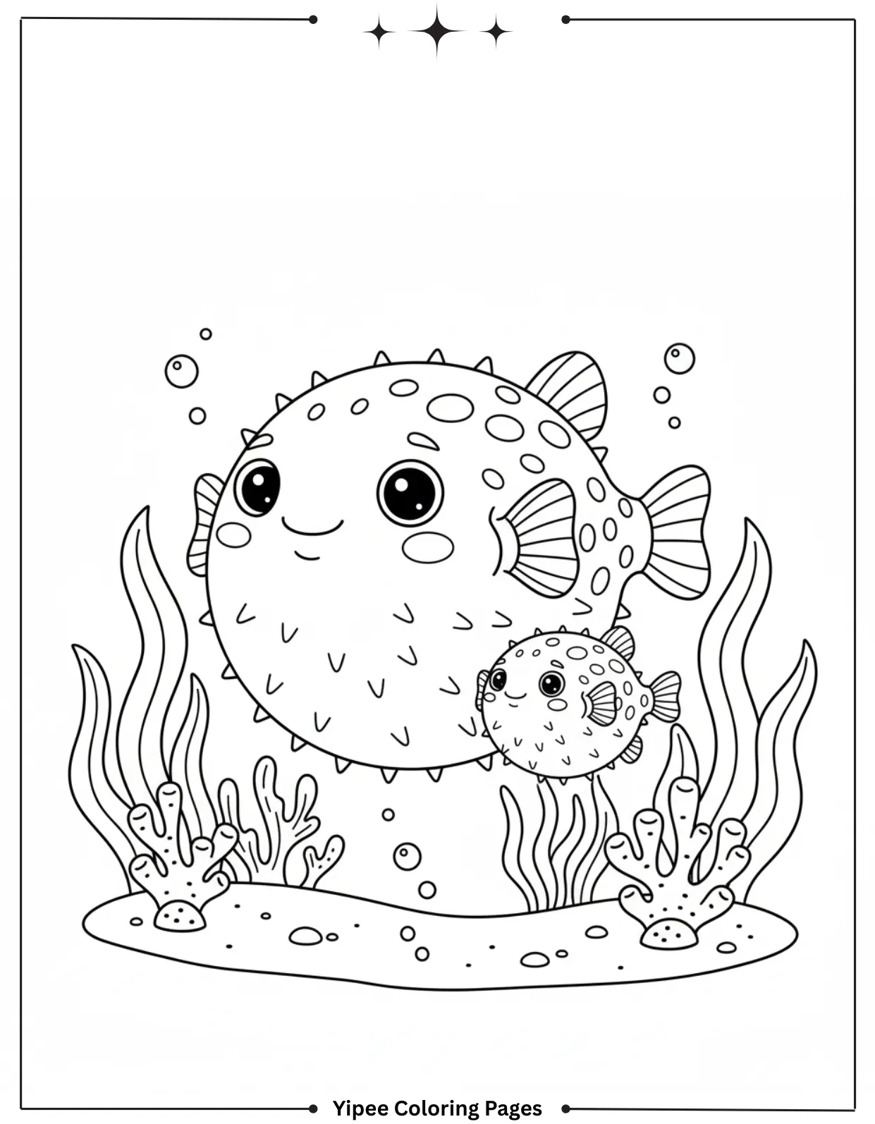 Sea Creatures Coloring Pages – Easy Ocean Designs Mom and Baby Pufferfish Coloring Page