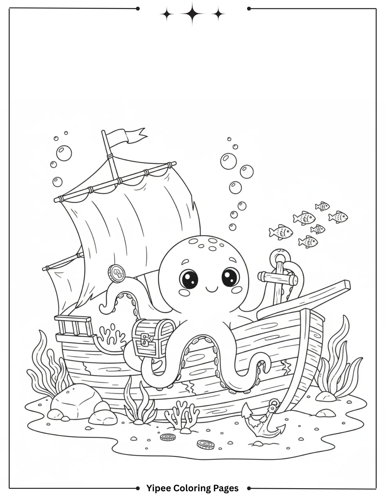 Sea Creatures Coloring Pages – Easy Ocean Designs Octopus Finds Shipwreck Coloring Page for Kids