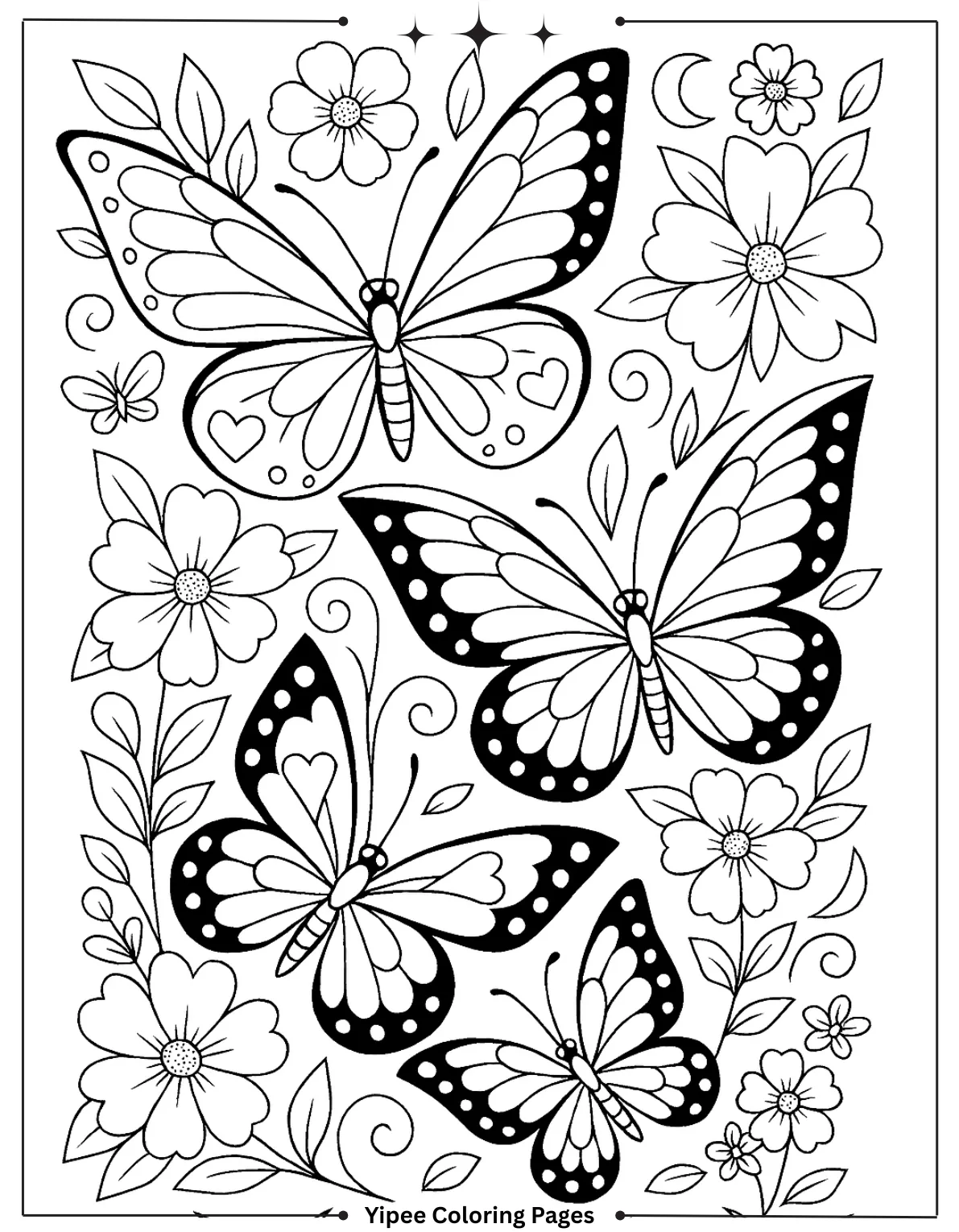 Butterfly Coloring Pages for Kids: Create Your Own Rainbow Wings! Pretty Butterfly Pattern with Flowers Coloring Page
