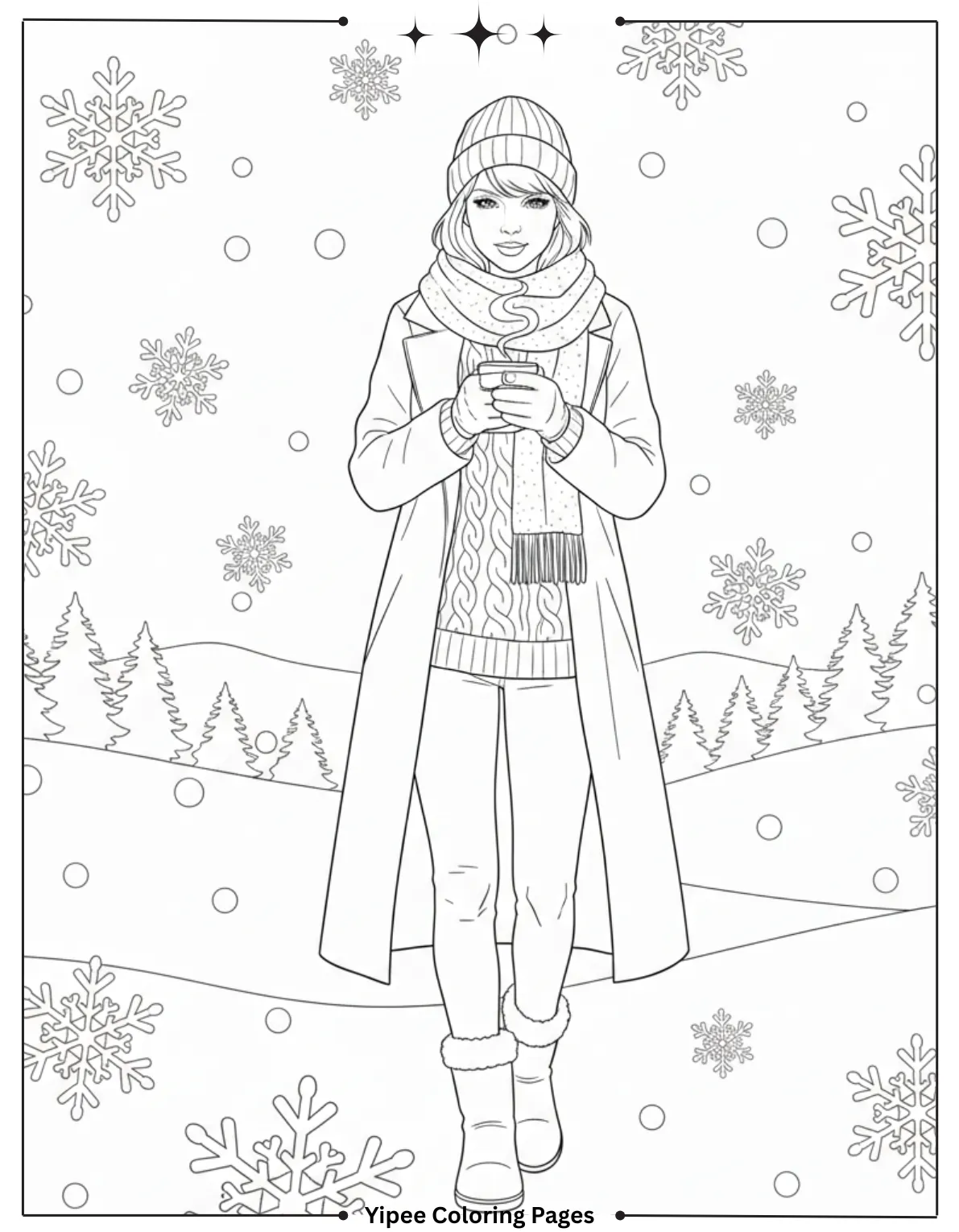 Taylor Swift Coloring Pages Fan Art Fun Taylor Swift dressed for winter surrounded by falling snowflakes