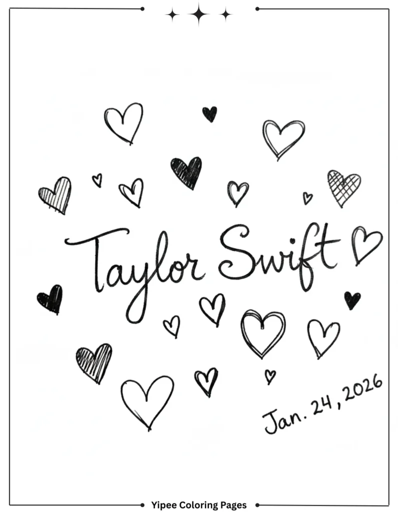 Taylor Swift Coloring Pages Fan Art Fun Taylor Swift’s name stylized in doodle signature surrounded by hearts