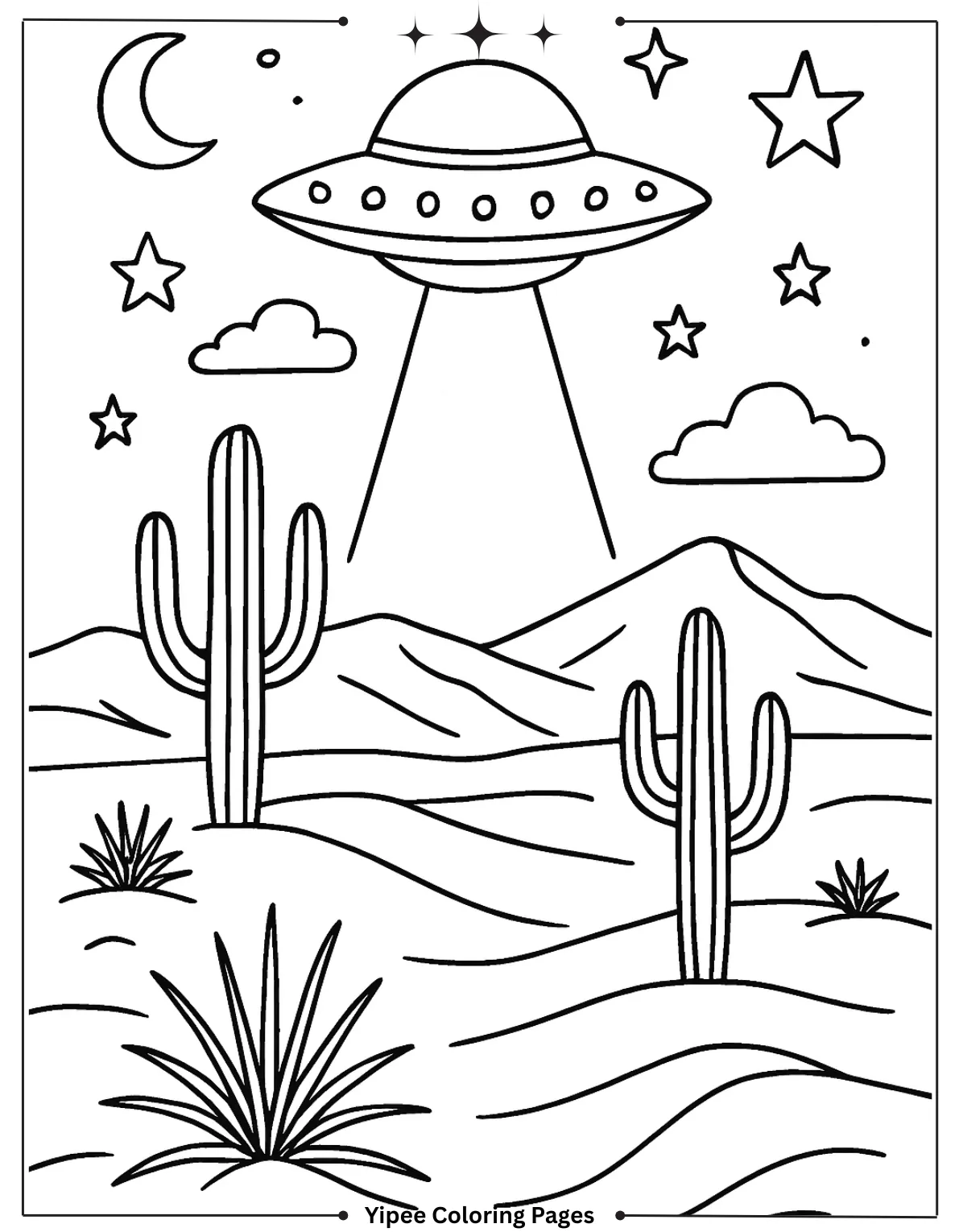 Alien Coloring Pages – Fun UFOs, Cute Cats, and Silly Space Friends Aesthetic Desert with UFO Flying in the Sky Coloring Page for Adults