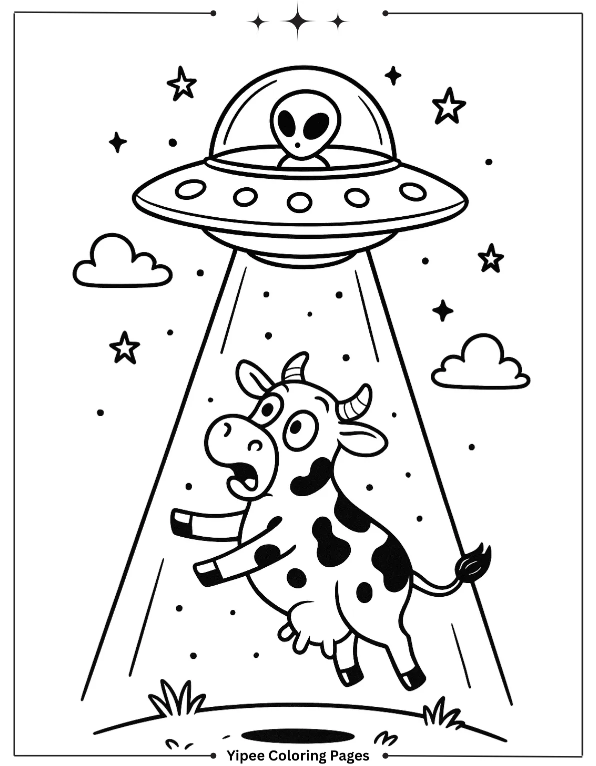 Alien Coloring Pages – Fun UFOs, Cute Cats, and Silly Space Friends Cartoon Cow Abducted by UFO Coloring Page