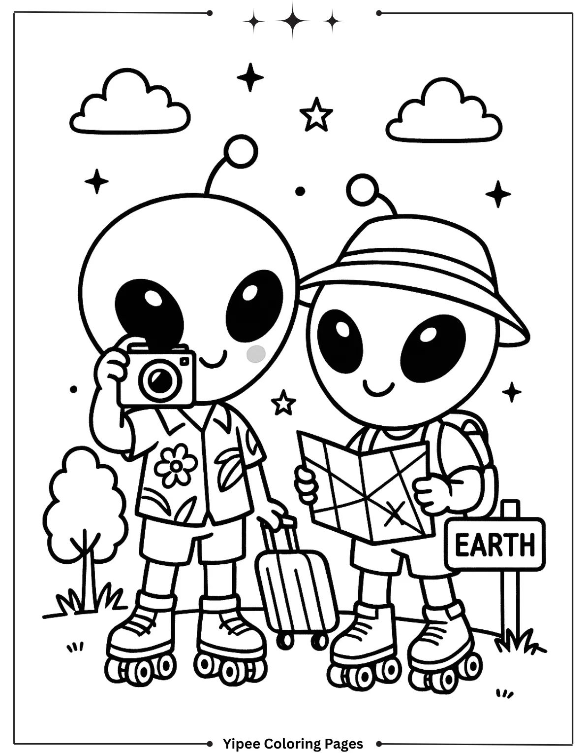 Alien Coloring Pages – Fun UFOs, Cute Cats, and Silly Space Friends Easy Outline Of Two Aliens In UFO To Color