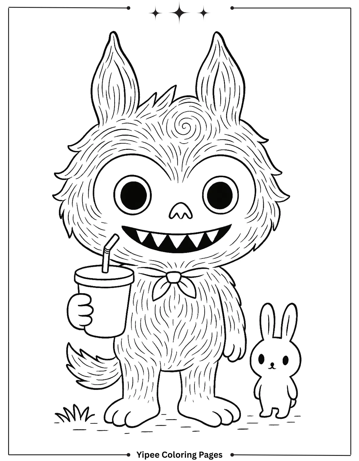 Get Ready for Monster Fun with a Labubu Coloring Pages! Labubu Zimomo Holding A Drink Coloring Page For Kids