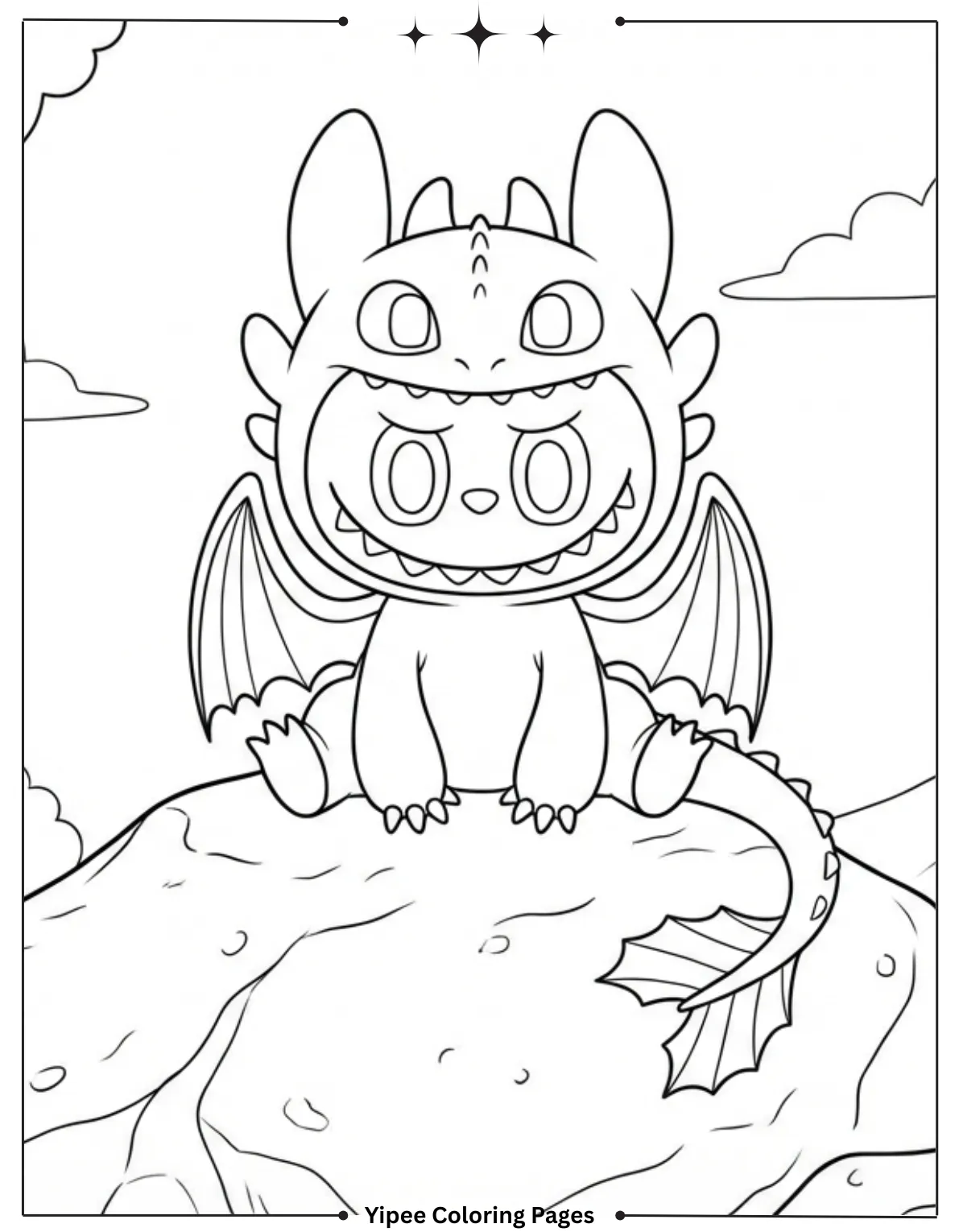 Get Ready for Monster Fun with a Labubu Coloring Pages! Toothless Labubu On A Rock Coloring Sheet For Kids