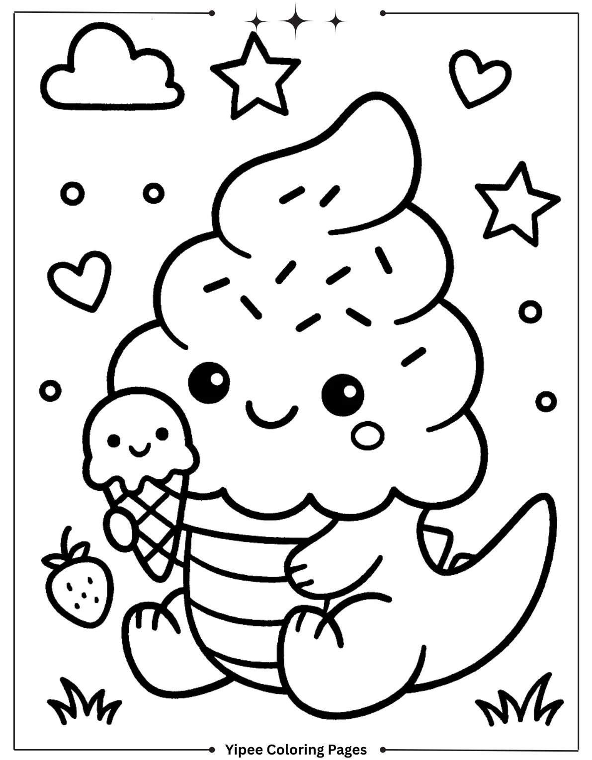 Adorable Baby Dino Eating Ice Cream Coloring Page for Preschoolers