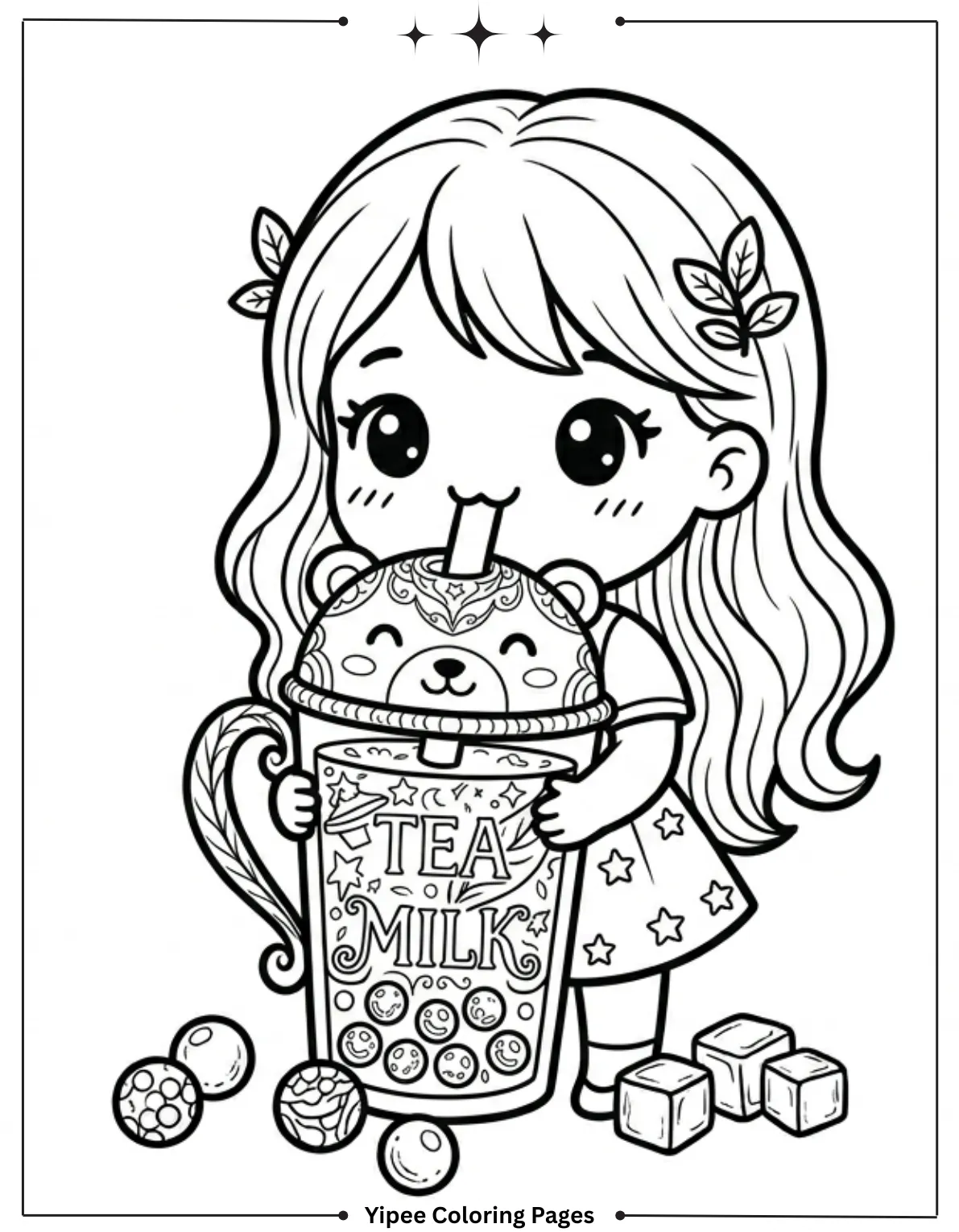 Chibi Girl Drinking Boba Coloring Page for Kids