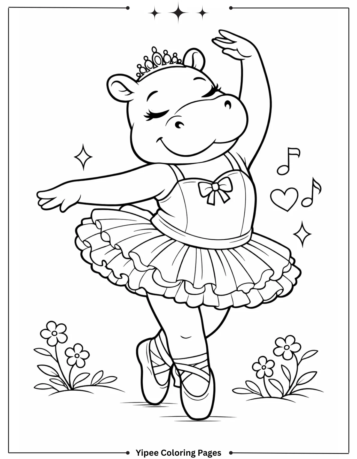 Cute Ballerina Hippo in Point Shoes Coloring Page