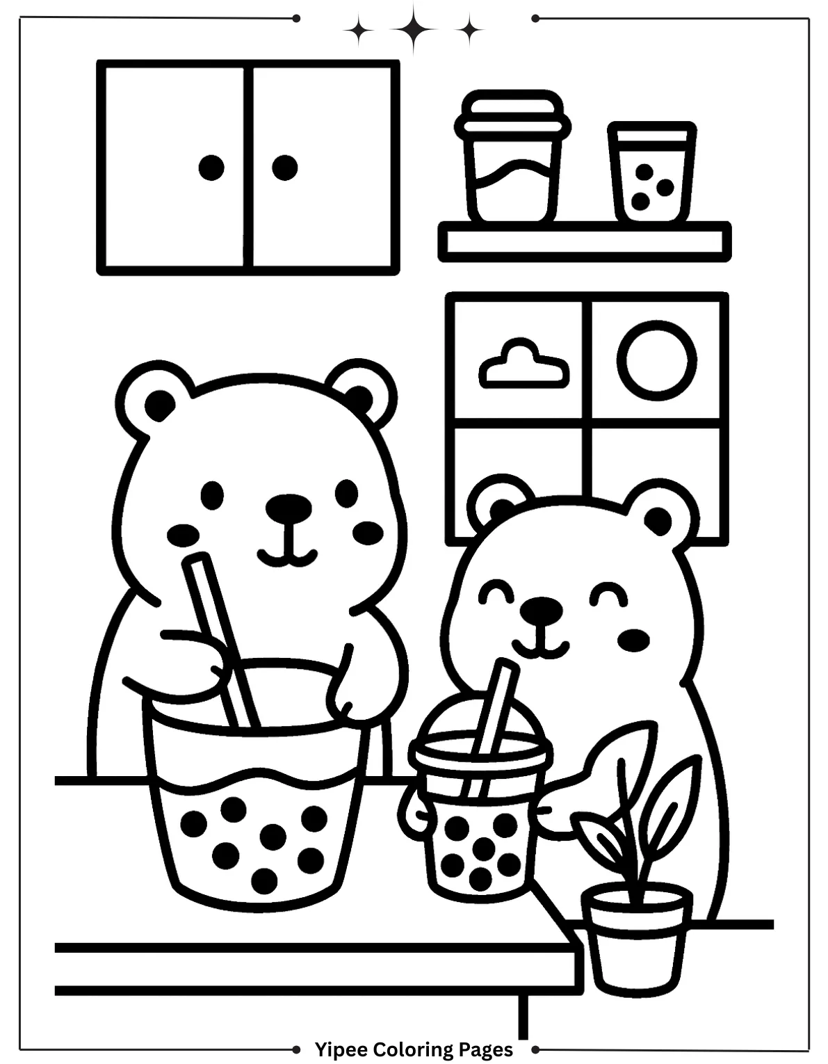 Cute Bears Making Boba Tea Coloring Page