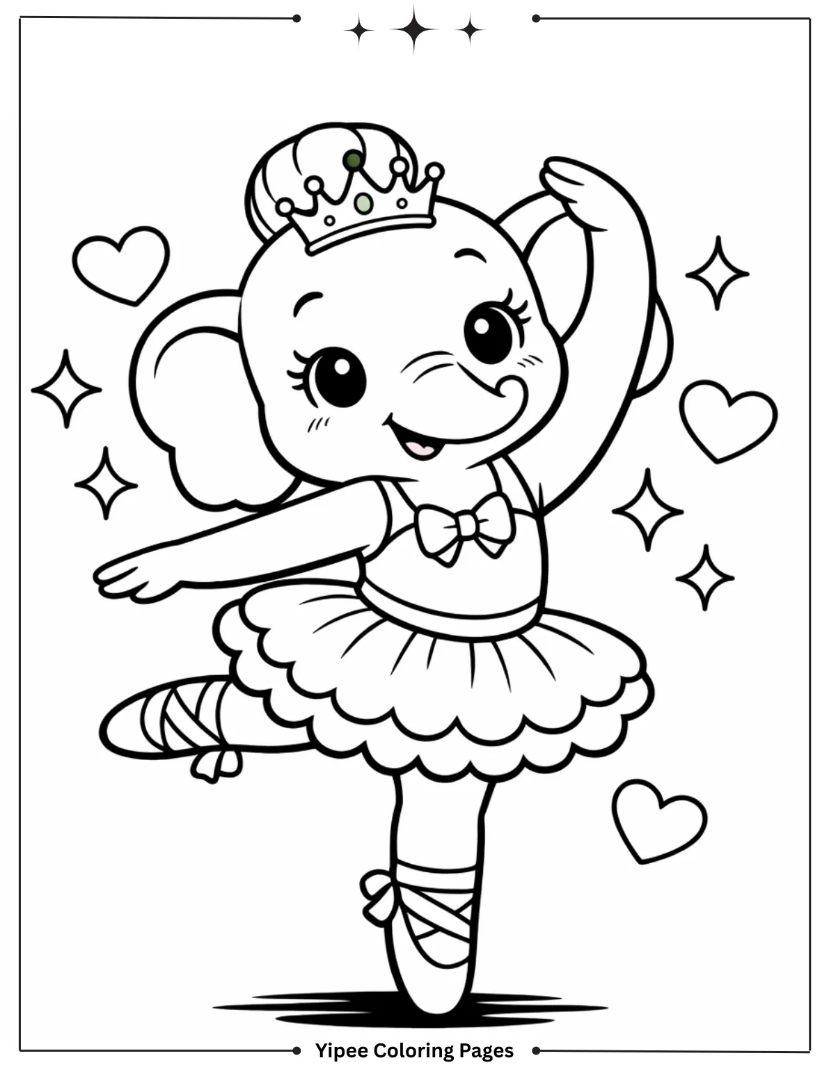 Cute Elephant Ballerina with Princess Crown Coloring Page