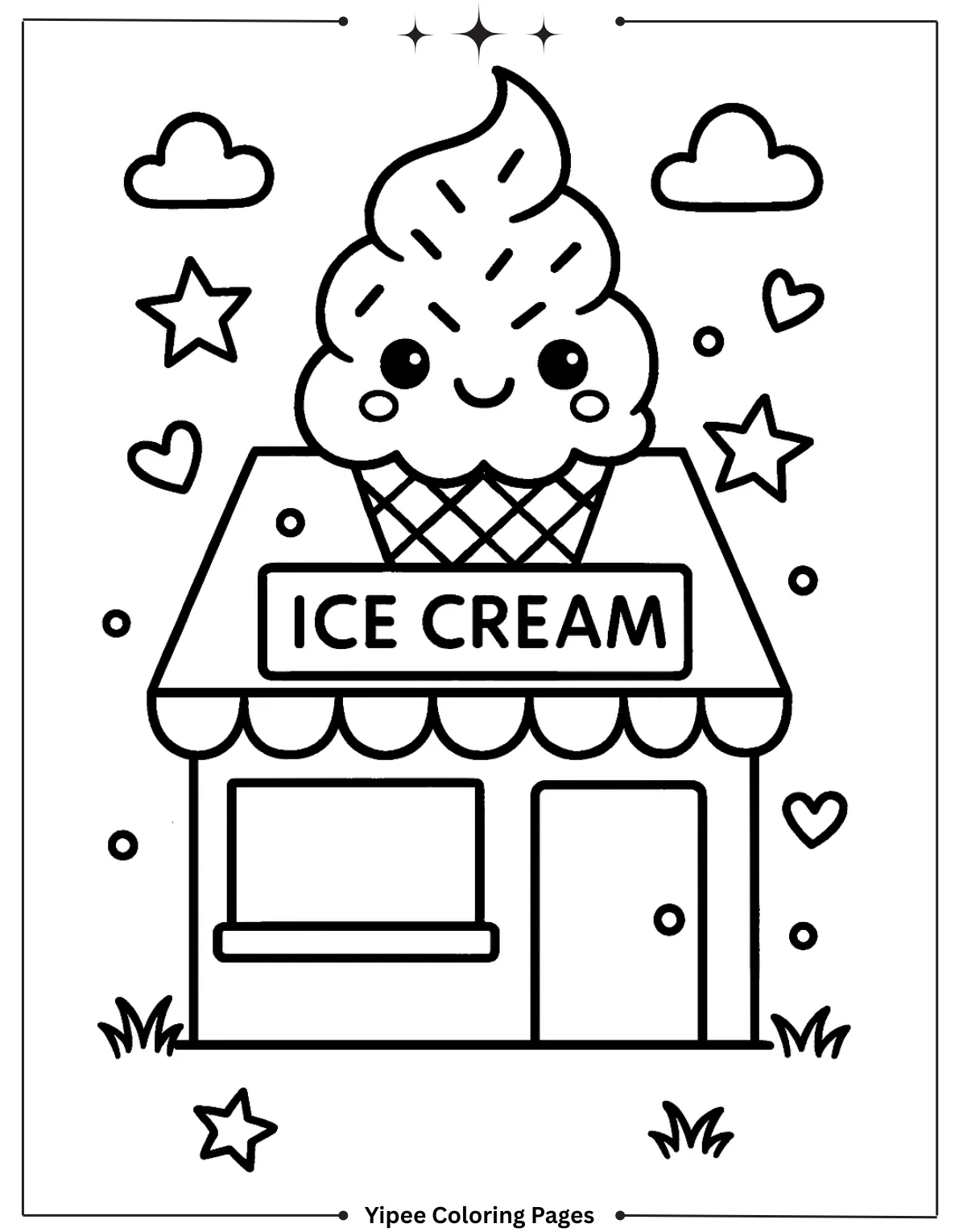 Cute Ice Cream Shop and Cafe Coloring Page
