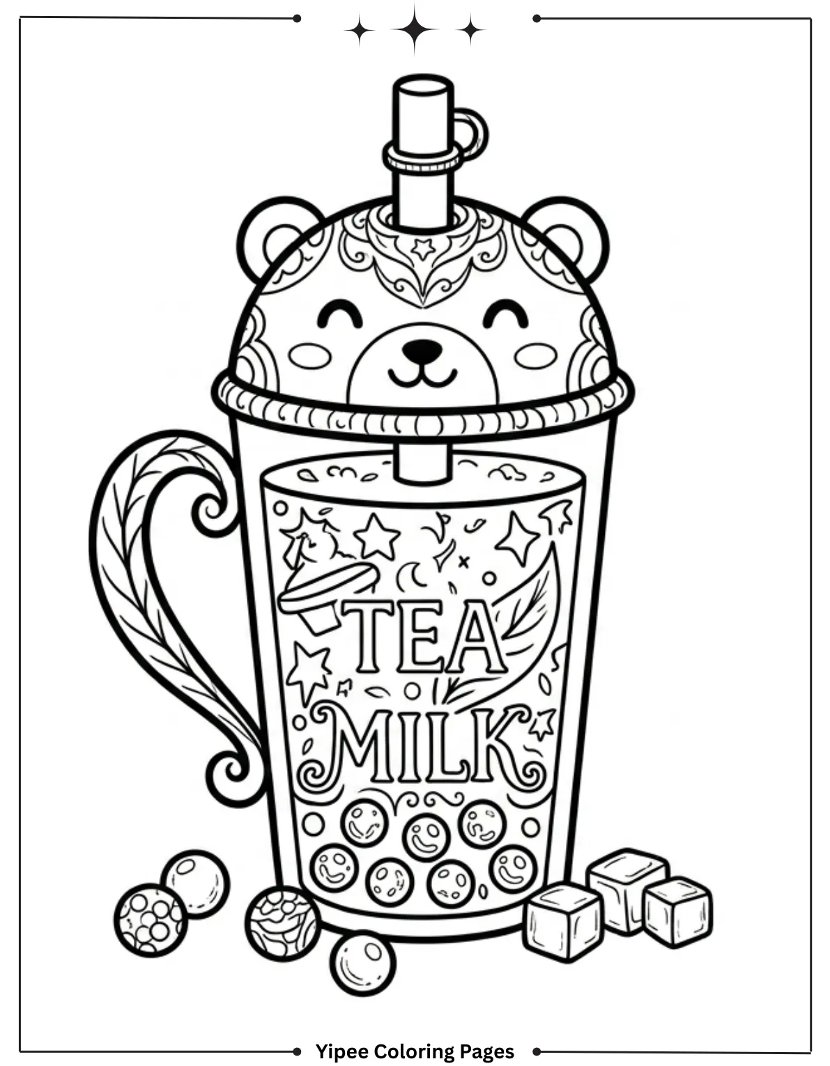 Kawaii Boba Cup with Bear Lid Coloring Page