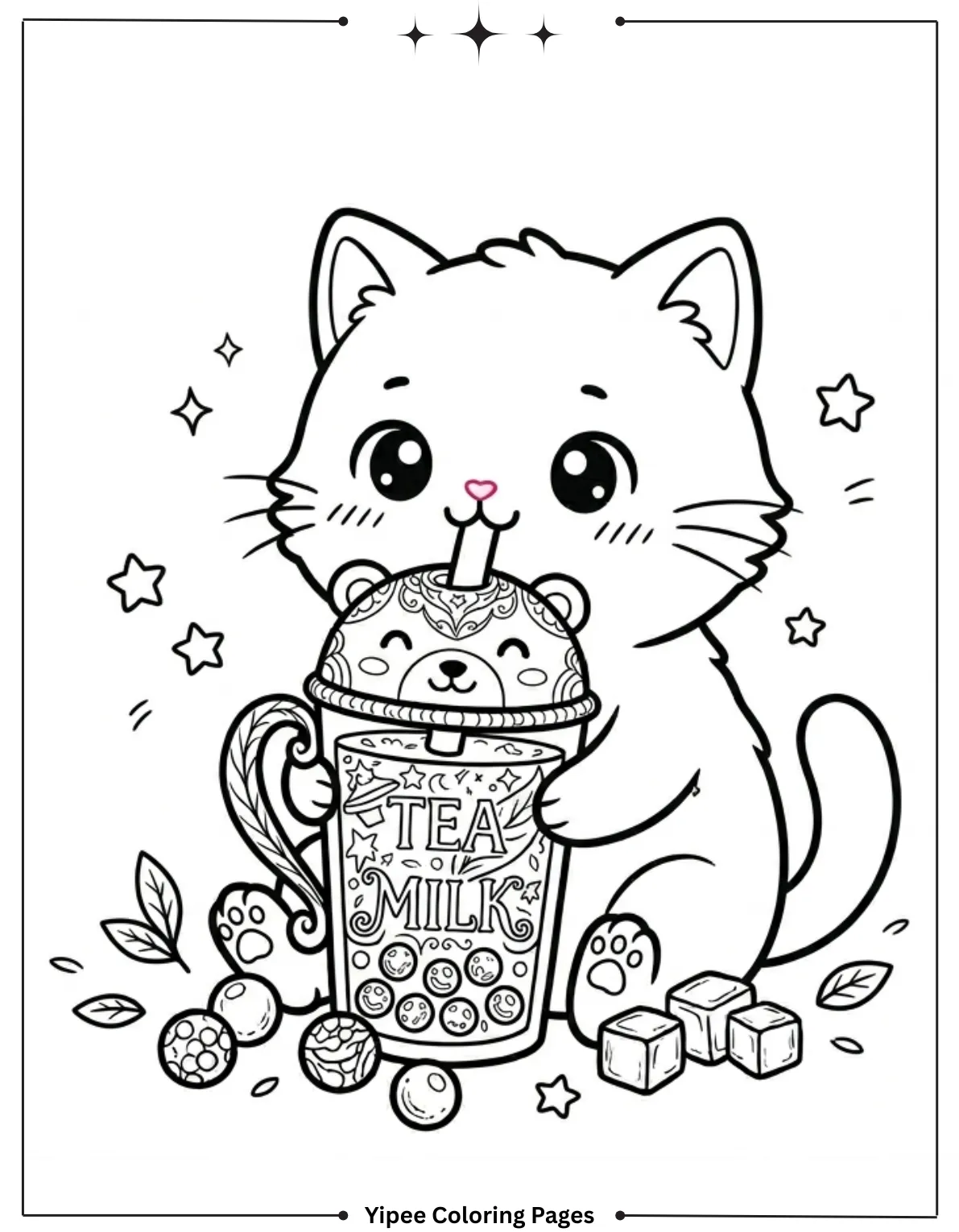 Kawaii Cat Drinking Boba Coloring Page