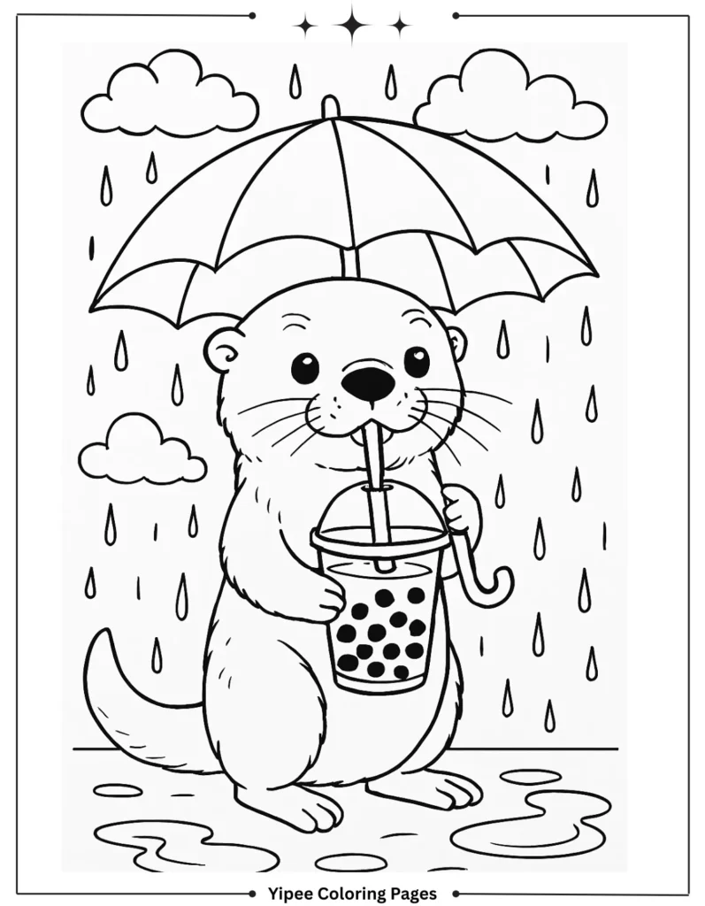 Otter Drinking Boba in the Rain Coloring Page