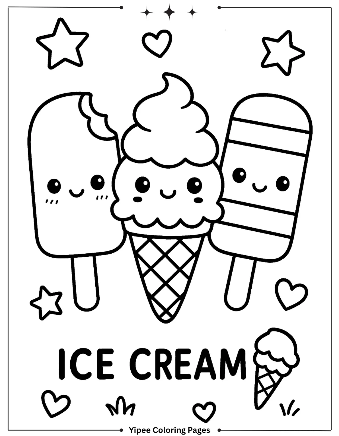 Penguin, Bear, and Narwhal Ice Cream Sundae Coloring Page