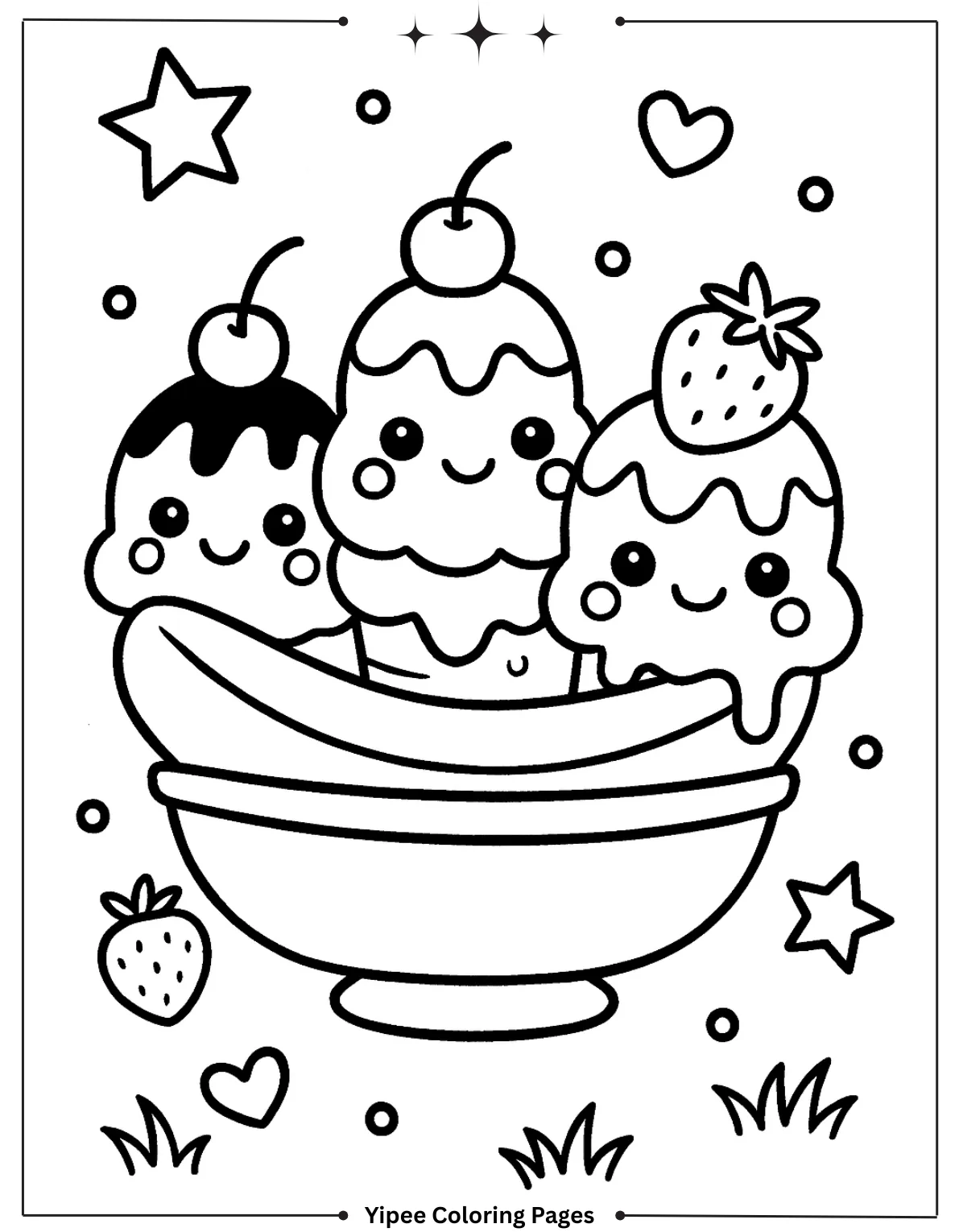 Penguin, Bear, and Narwhal Ice Cream Sundae Scoops Coloring Page