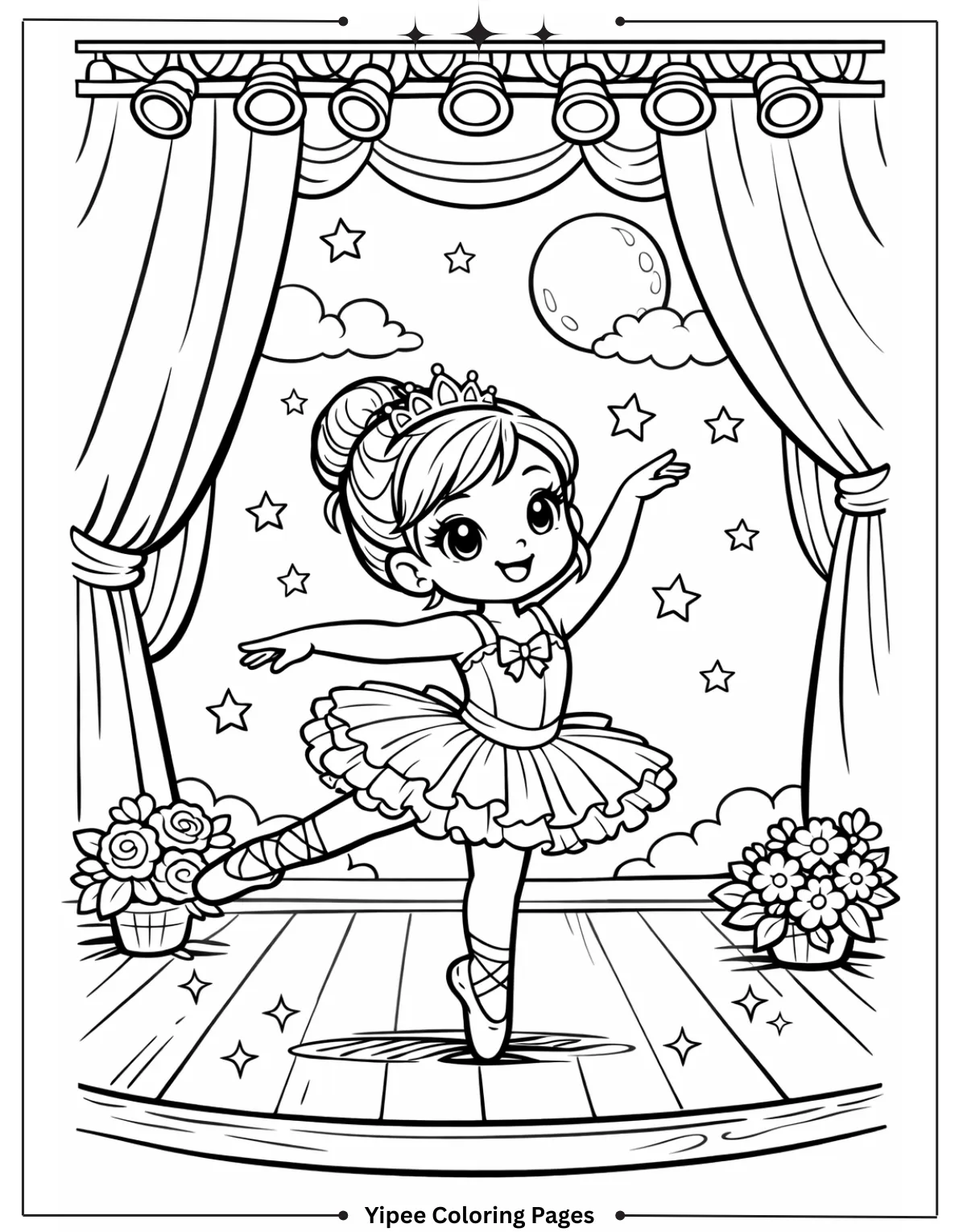 Pretty Ballerina Dancing on Stage Coloring Page for Kids